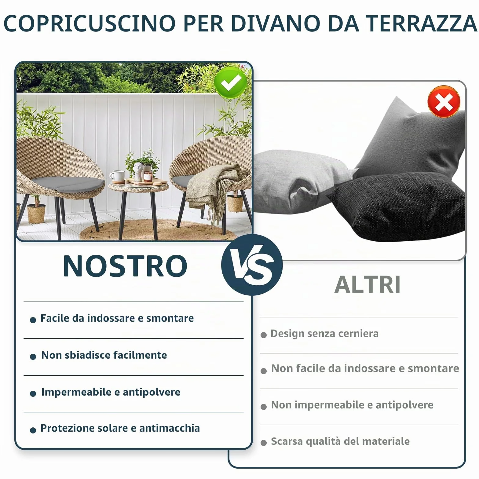 4 fodere di ricambio per cuscini da giardino da 60 x 60 x 10 cm, impermeabili, minimaliste, con chiusura a zip, solo fodera (grigio)