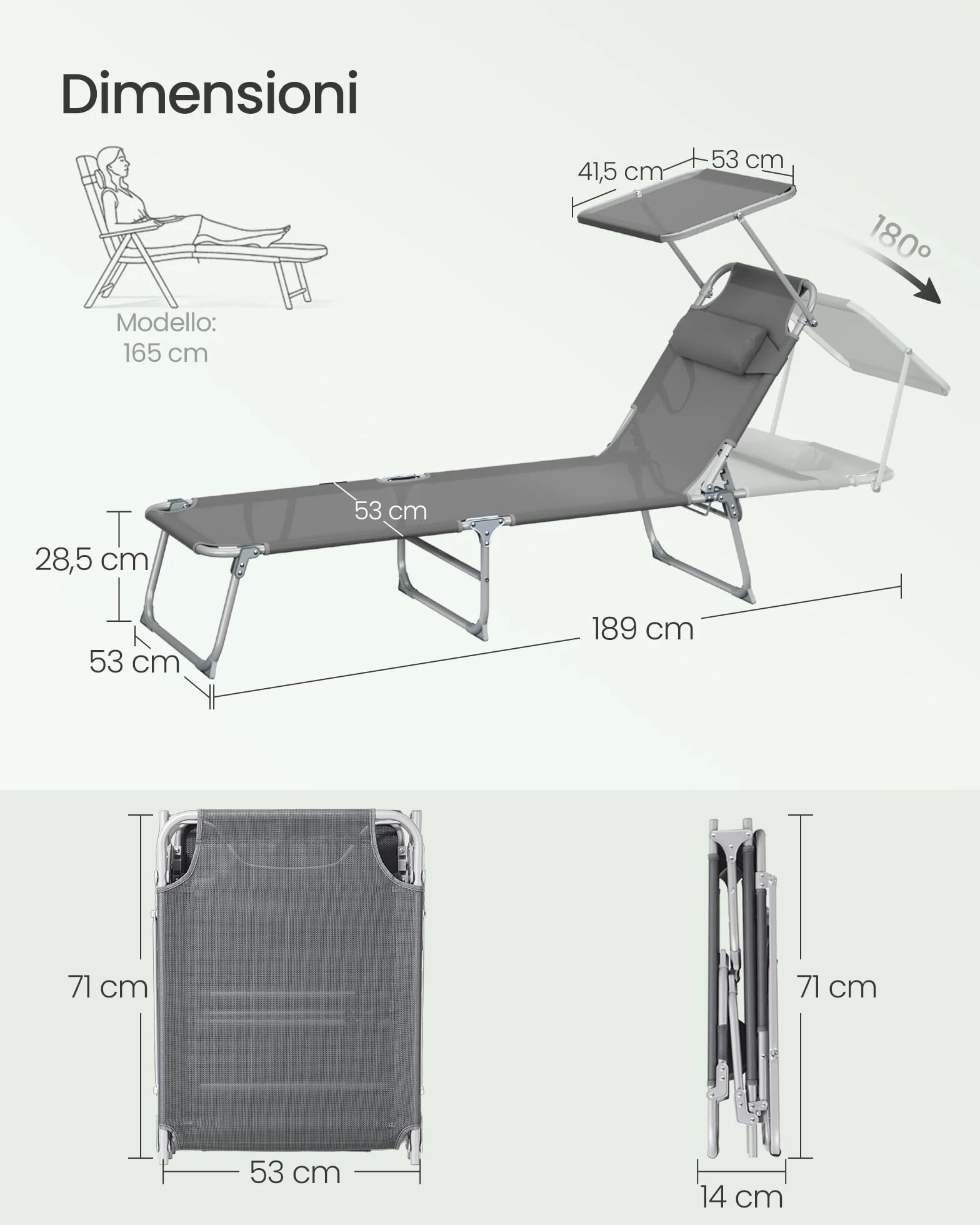 SONGMICS Set da 2 Sedie a Sdraio Pieghevoli, 189 x 53 x 28,5 cm, con Cusicni, Lettini Prendisole, Portata 110 kg Ciascuno, Parasole e Schienale Regolabili, per Terrazza e Balcone, Grigio GCB292GZ02