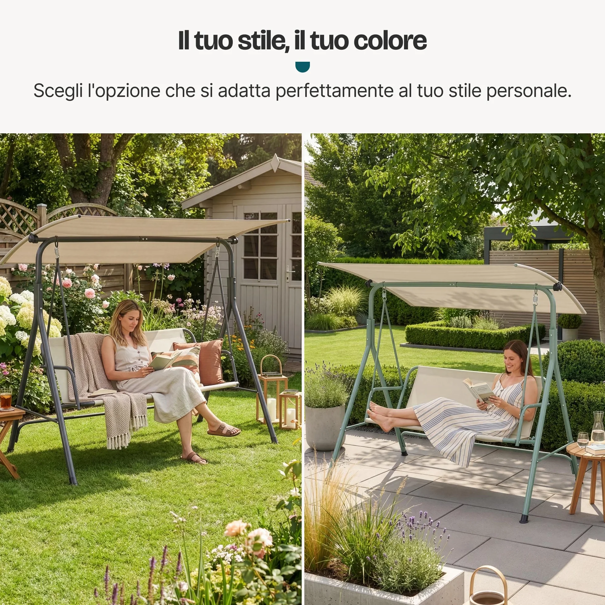 [en.casa] Dondolo da Giardino a 3 Posti con Tettuccio Parasole Regolabile e Schienale Panchina a Dondolo Altalena da Esterno Terrazza Struttura in Acciaio 173x119x153 cm - Grigio/Beige