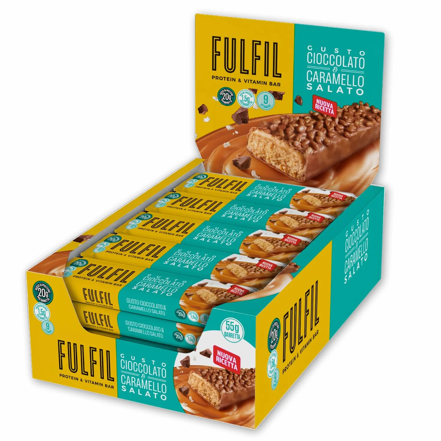 FULFIL - 15 Barrette Proteiche da 55 Grammi, Gusto Cioccolato e Caramello Salato con 9 Vitamine e Pochi Zuccheri, Confezione da 825 Grammi