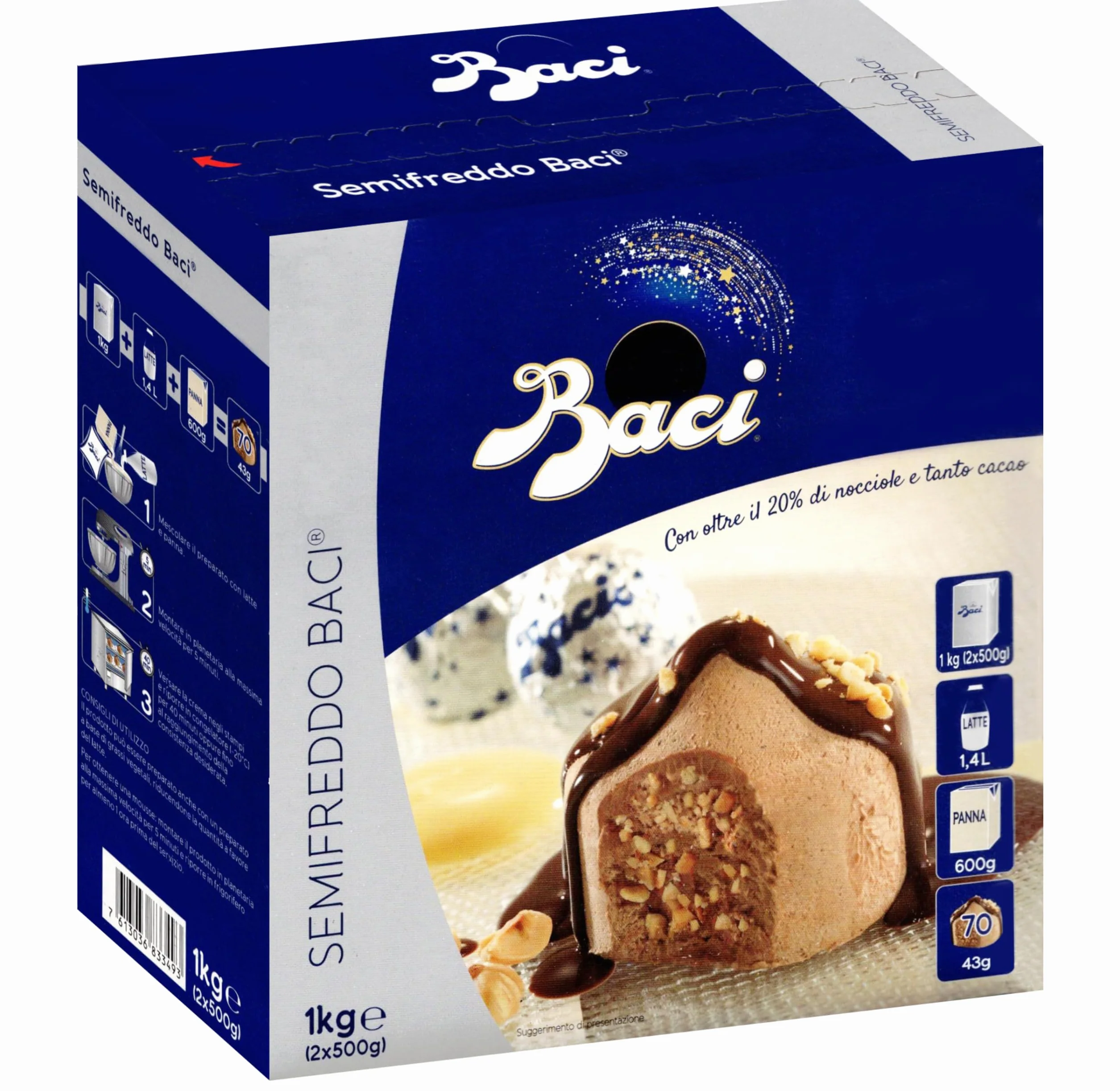 Baci Semifreddo Preparato in Polvere con Nocciole e Cioccolato 1 kg, Mix Professionale per Semifreddi, Dessert al Cucchiaio e Mousse, Confezione 2 x 500 g
