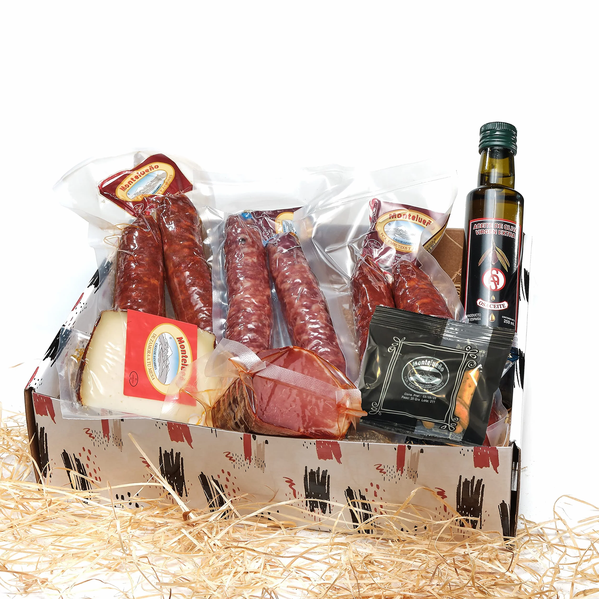 MONTELUEÑO : Cesto Natalizio - Assortimento di salumeria spagnole, Salchichón, Chorizo, Lomo, Formaggio, Olio di Oliva, Picos. Ideale per uno aperitivo, un regalo, o la festa del papà.