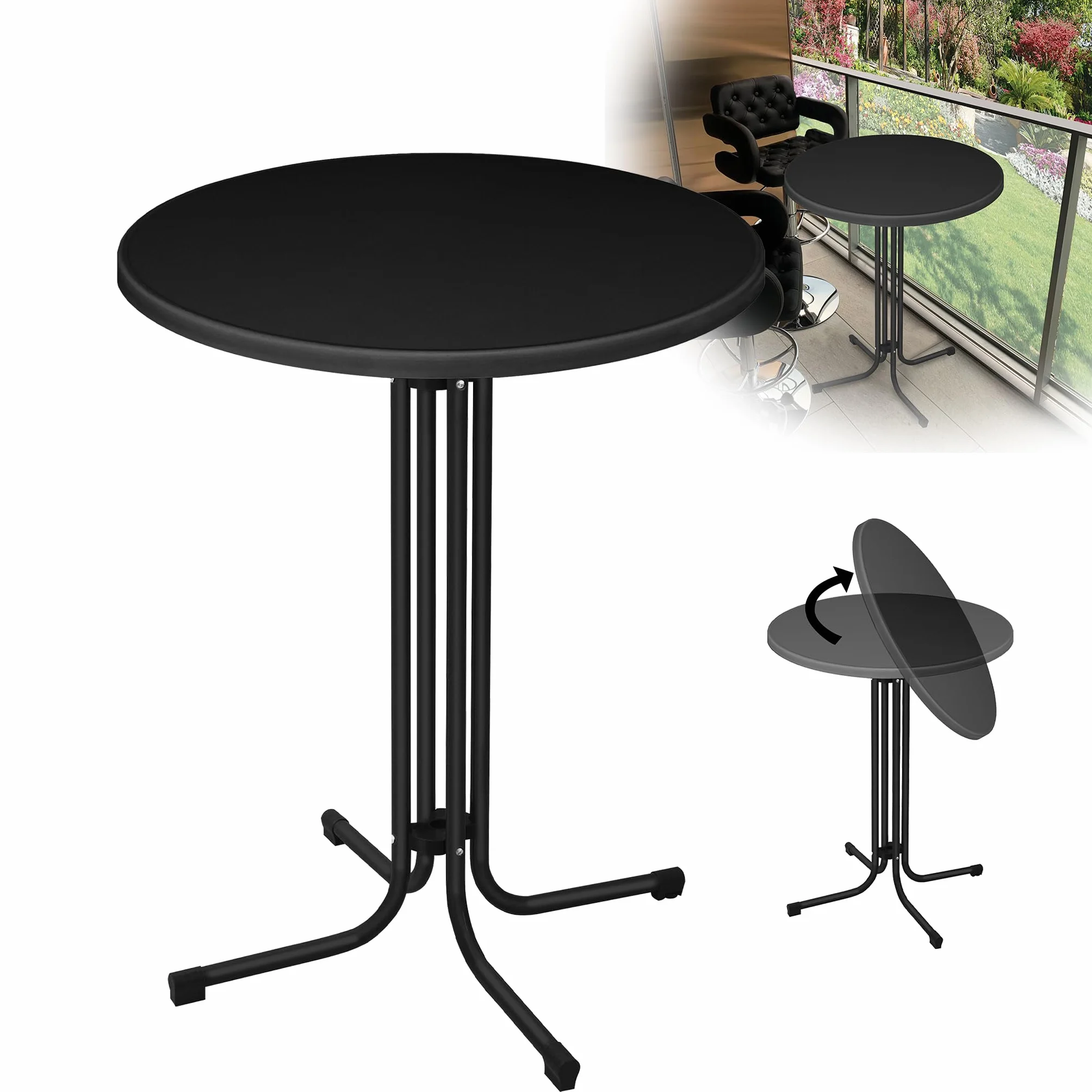 XMTECH Tavolo da bistrot pieghevole, Ø 80 cm, rotondo, altezza 110 cm, resistente alle intemperie, piedini regolabili in altezza, per interni ed esterni, colore nero
