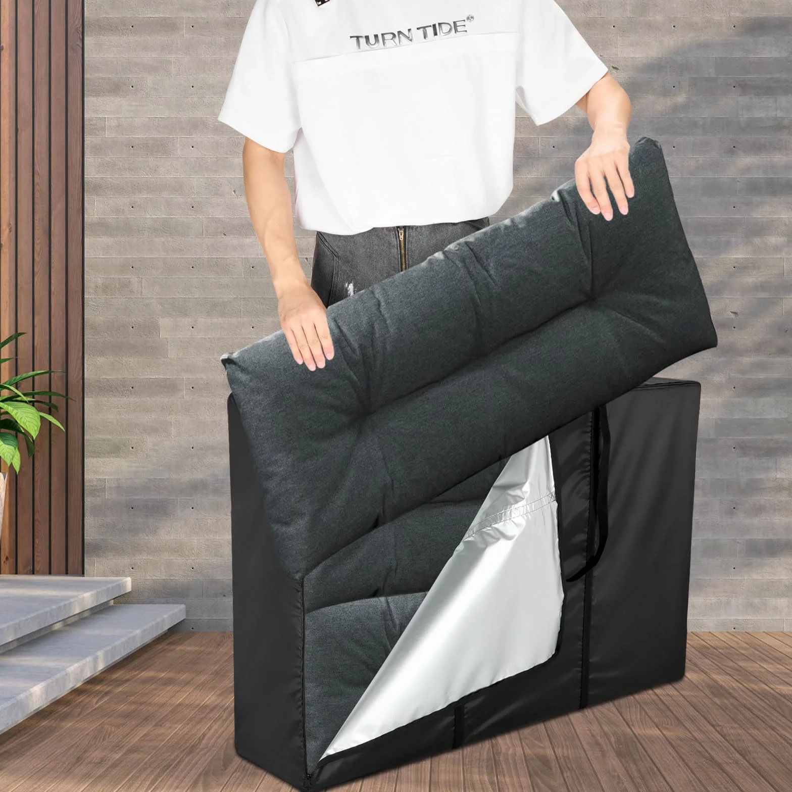 Borsa portaoggetti da giardino, impermeabile 420D, per cuscini da giardino, con chiusura lampo e maniglie, grande borsa nera (120 x 30 x 80 cm)