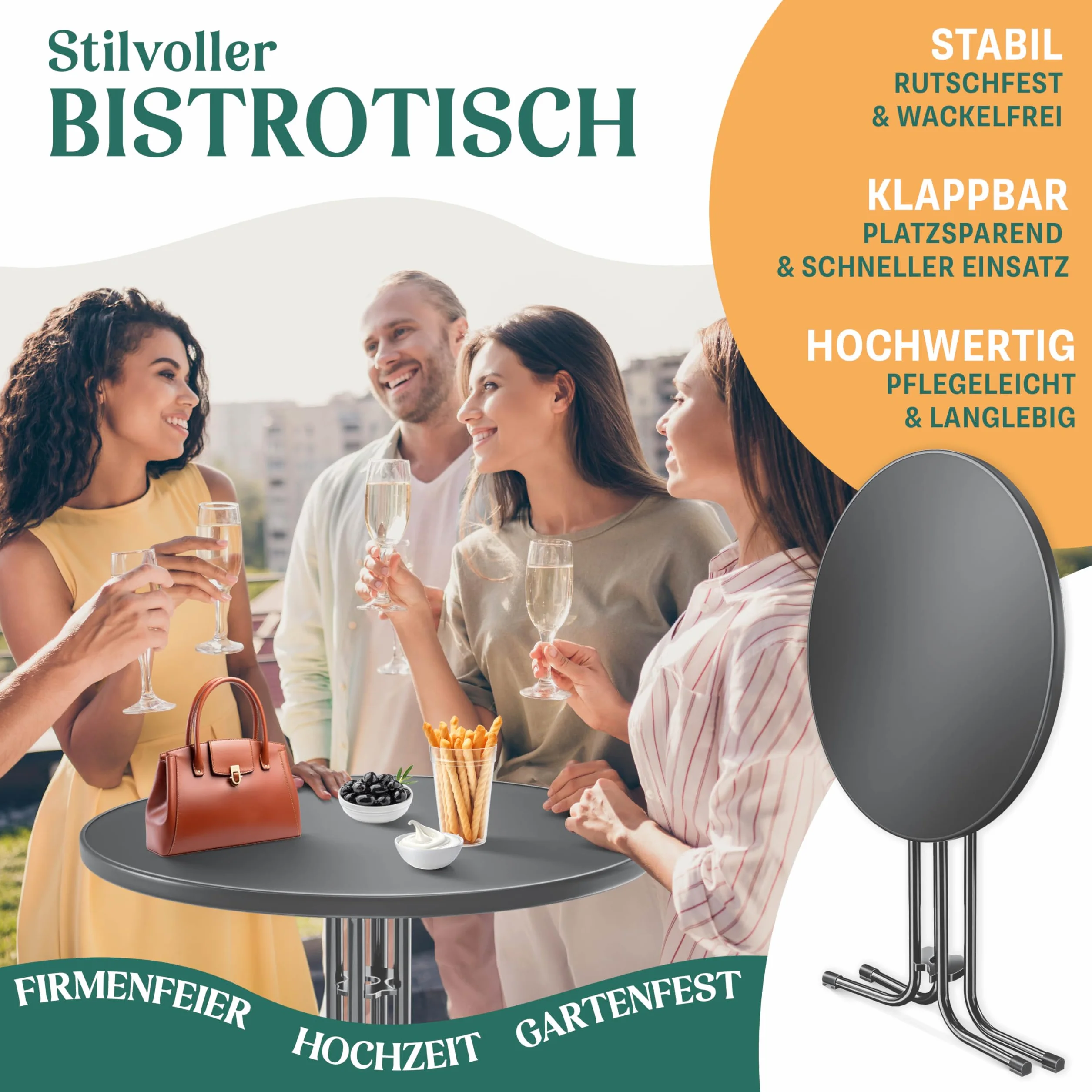 KESSER Gastro Tavolo da bistrot pieghevole, set da 2 pezzi, piastra in acciaio inox verniciato a polvere, piedini regolabili in altezza, tavolo per feste, diametro 60 cm, tavolo da ricevimento per