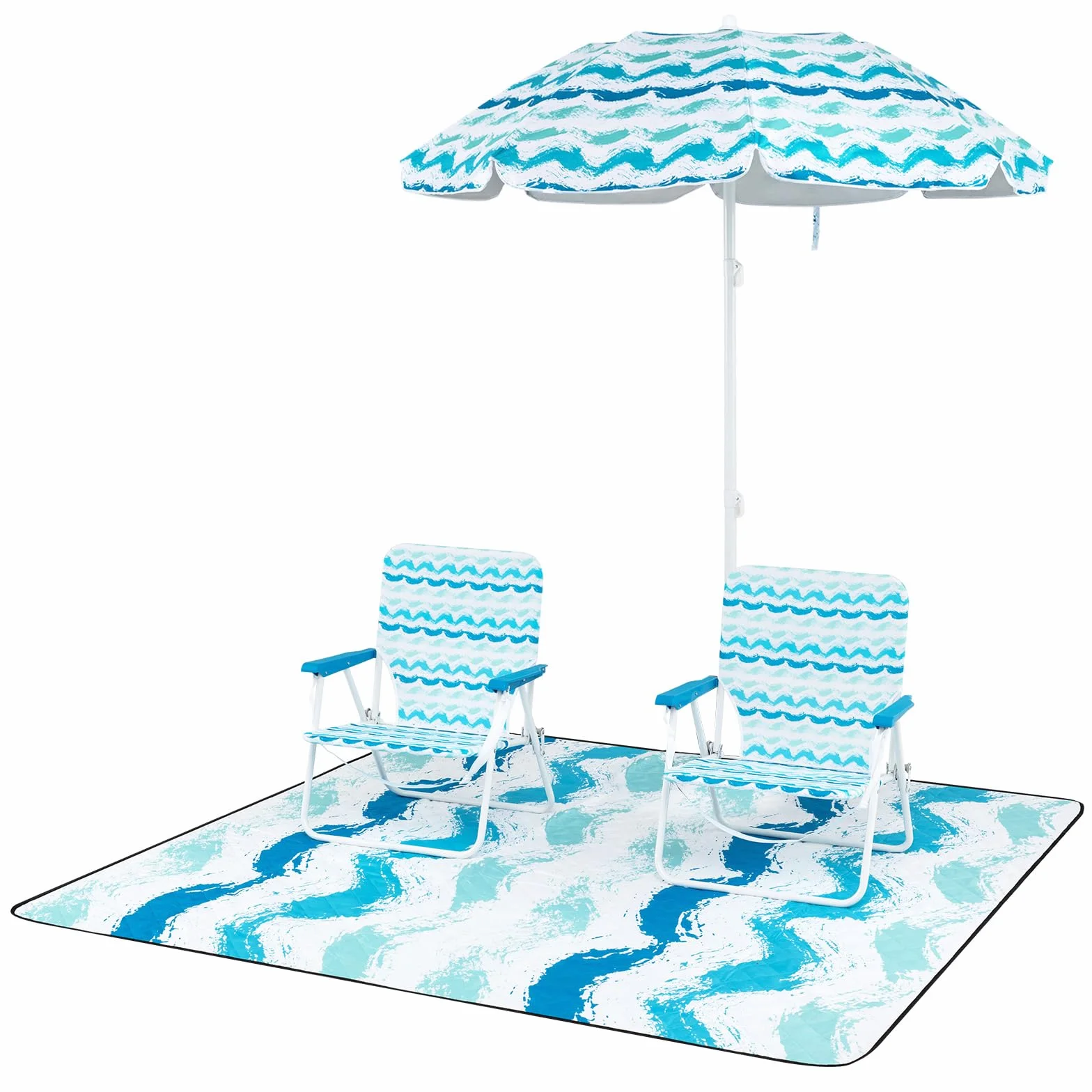 COSTWAY Set da Spiaggia di 4 Pezzi con Ombrellone, 2 Sedie Pieghevoli, Coperta da Picnic, Parasole Portatile per Esterni con Meccanismo di Inclinazione, Portabicchieri, Braccioli