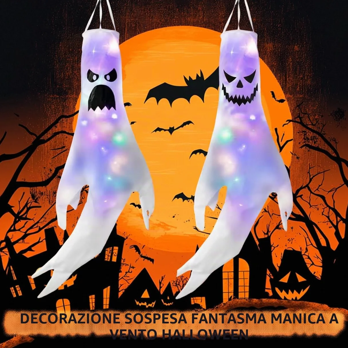 2 Pezzi Manica a Vento Fantasma Halloween, Decorazione Appesa di Halloween, Windsocks con Luce Colorato a LED da Decorazione