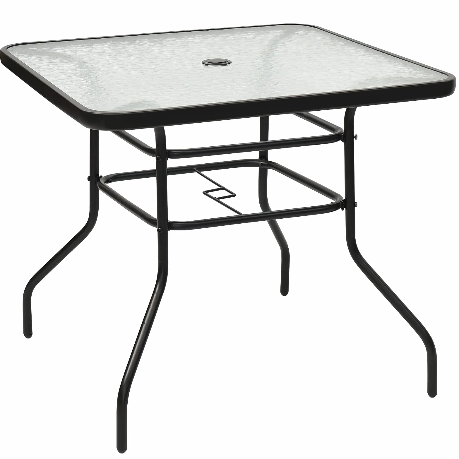 KOMFOTTEU Tavolino Quadrato da Giardino con Foro per Ombrellone, Tavolo da Bistrot con Piano in Vetro e Telaio in Metallo, Tavolo da Caffé Portata fino a 80 kg, per Balcone, Terrazza, Giardino, Nero