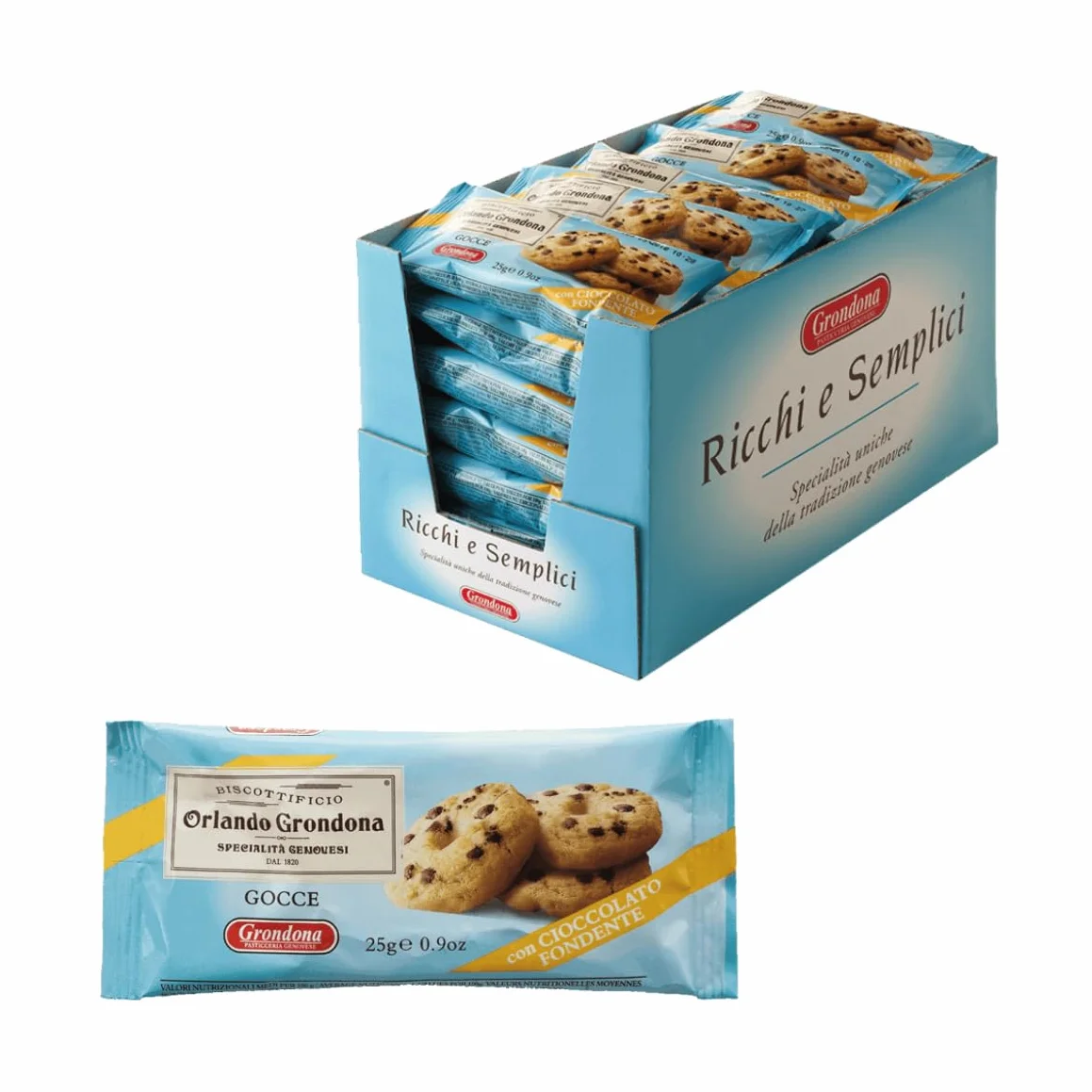 Biscotti Grondona Gocce di Cioccolato Pastine Frolle Box da 30 x 25 g Espositore