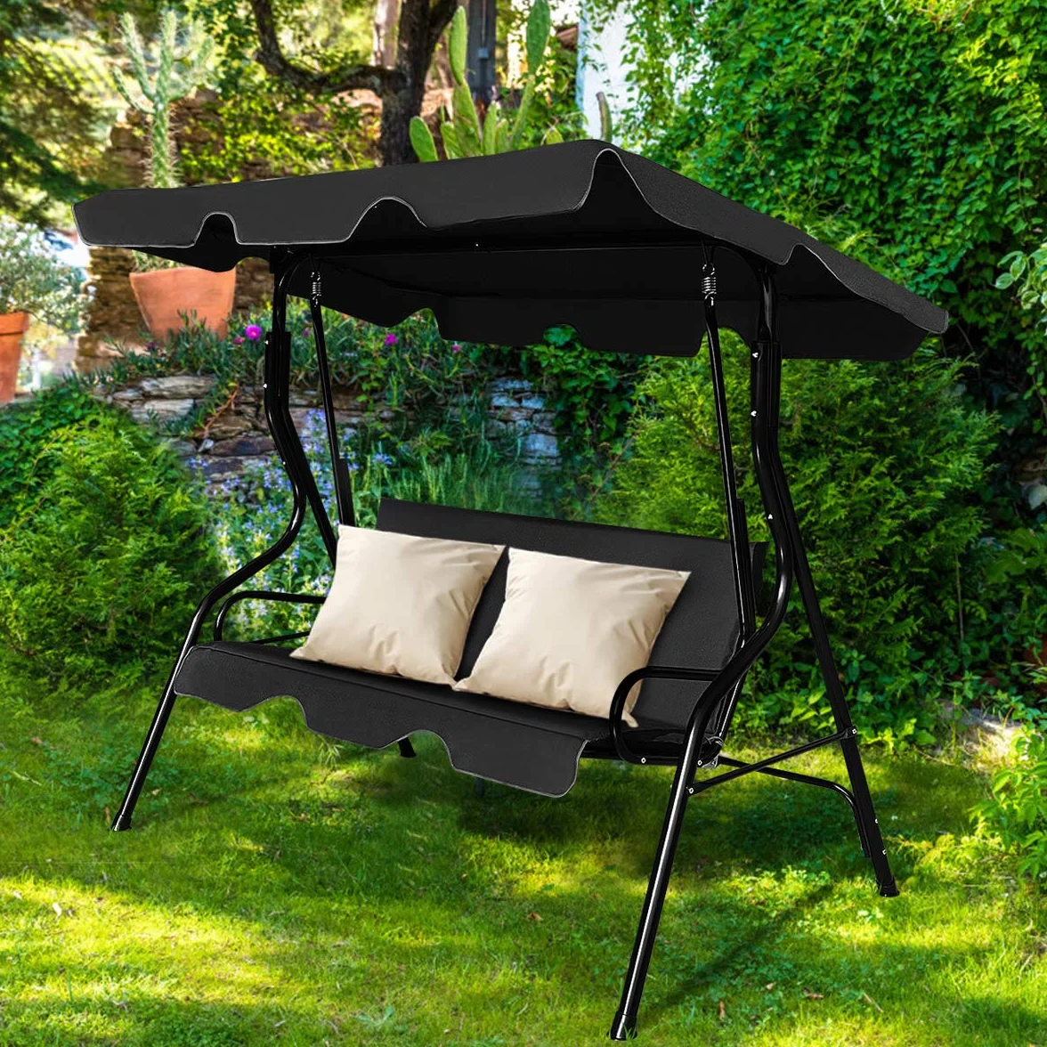 RELAX4LIFE Dondolo da Giardino 2/3 Posti, Dondolo da Esterno in Acciaio, Tettuccio Parasole Regolabile, per Arredo Giardino, Terrazzo e Balcone (170x110x153cm, Nero)