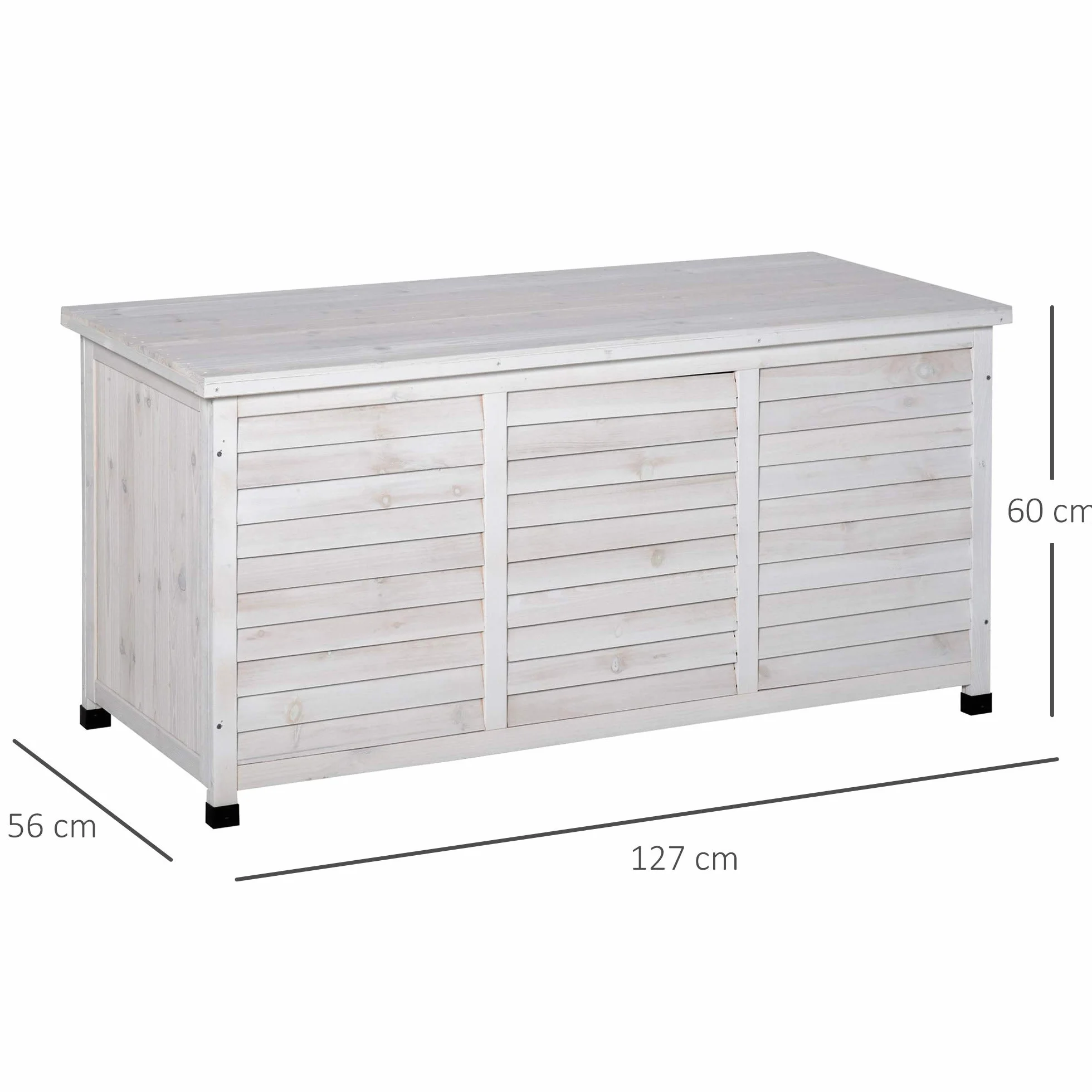 Outsunny Baule da Esterno in Legno di Abete con Base Rialzato e Coperchio, Cassapanca Contenitore da Esterno Impermeabile, 127x56x60 cm, Bianco