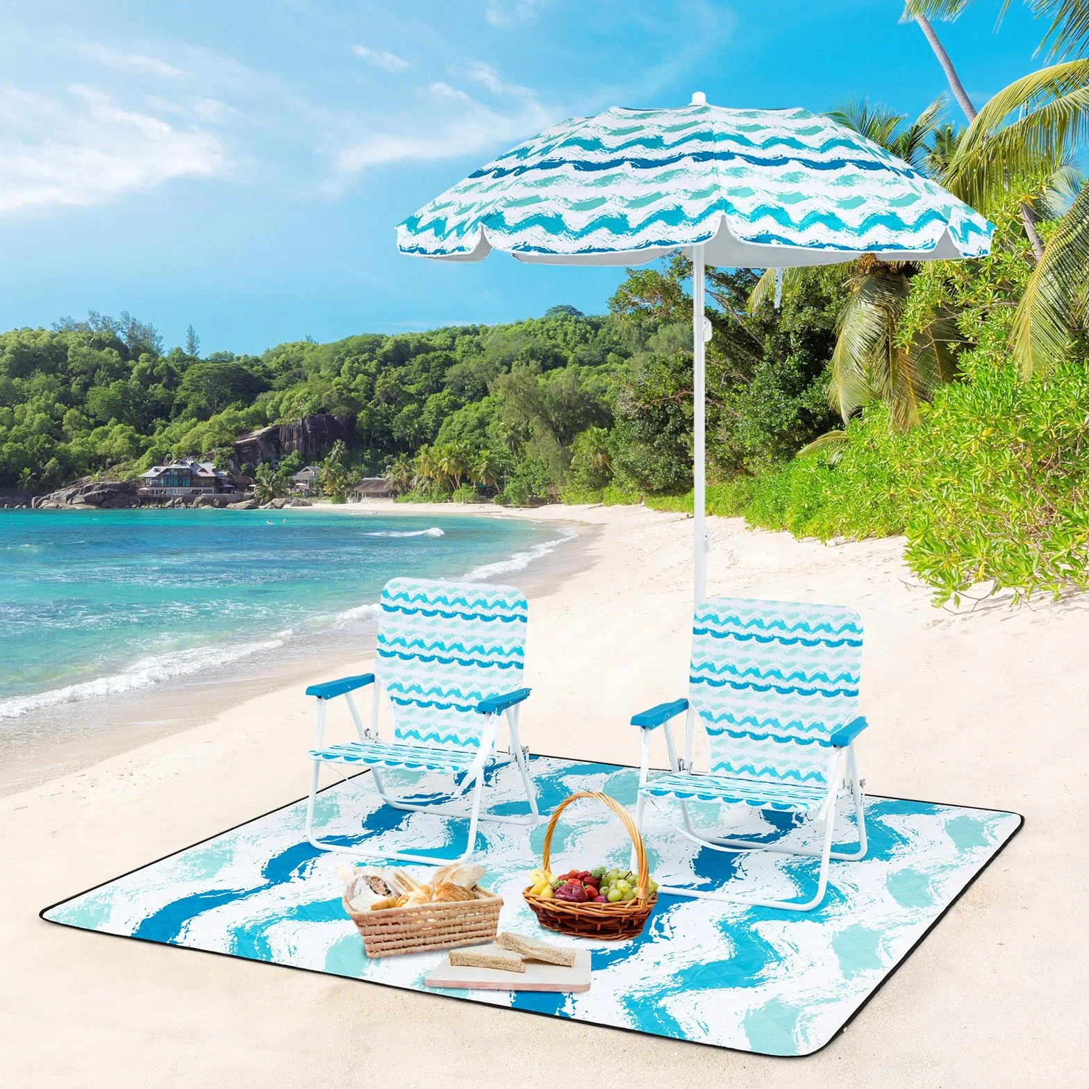 COSTWAY Set da Spiaggia di 4 Pezzi con Ombrellone, 2 Sedie Pieghevoli, Coperta da Picnic, Parasole Portatile per Esterni con Meccanismo di Inclinazione, Portabicchieri, Braccioli