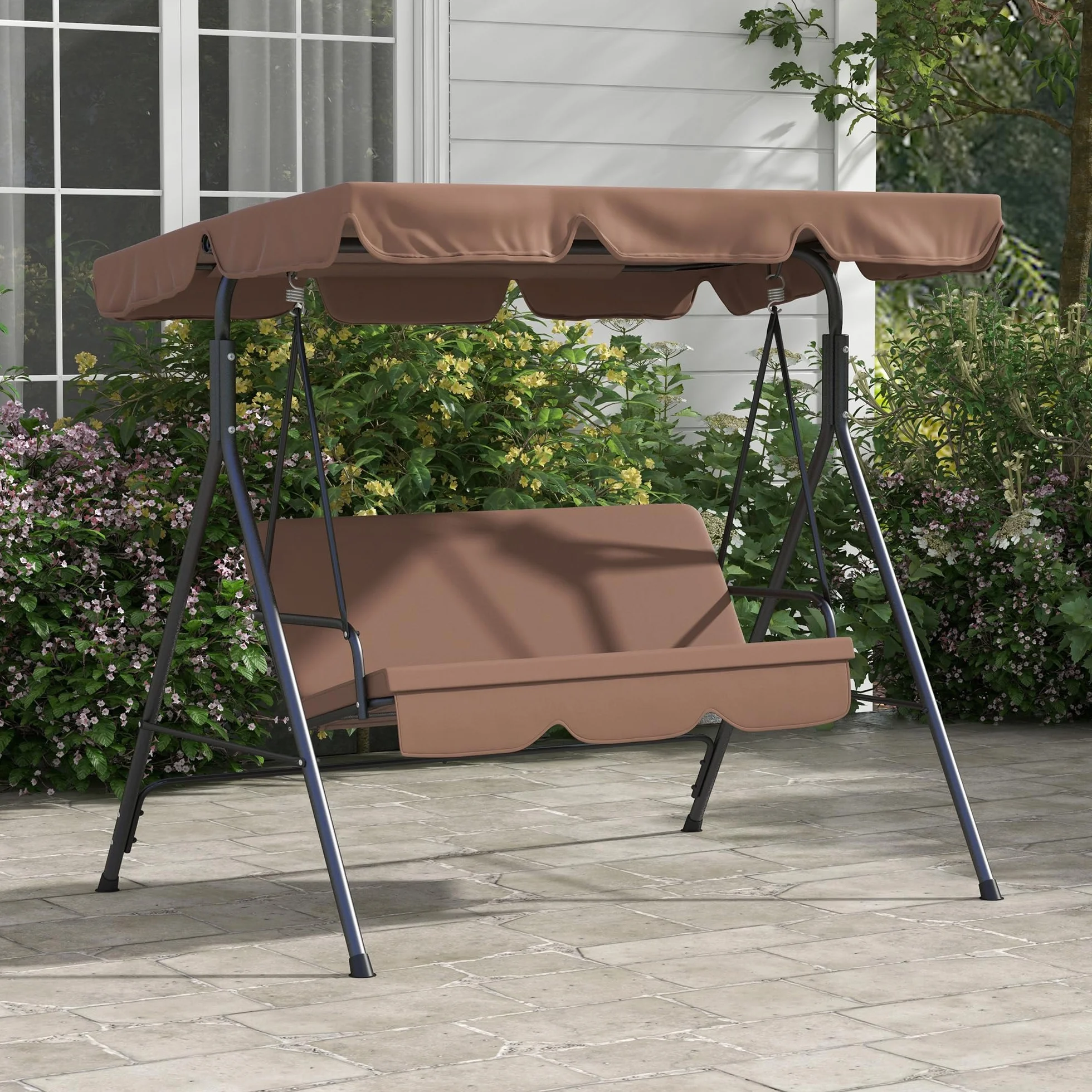 Outsunny Dondolo da Giardino 3 Posti con Tettuccio Parasole Regolabile, Dondolo da Esterno con Seduta Traspirante in Texteline e Metallo, Portata Fino a 240 kg, 172x110x153 cm, Marrone