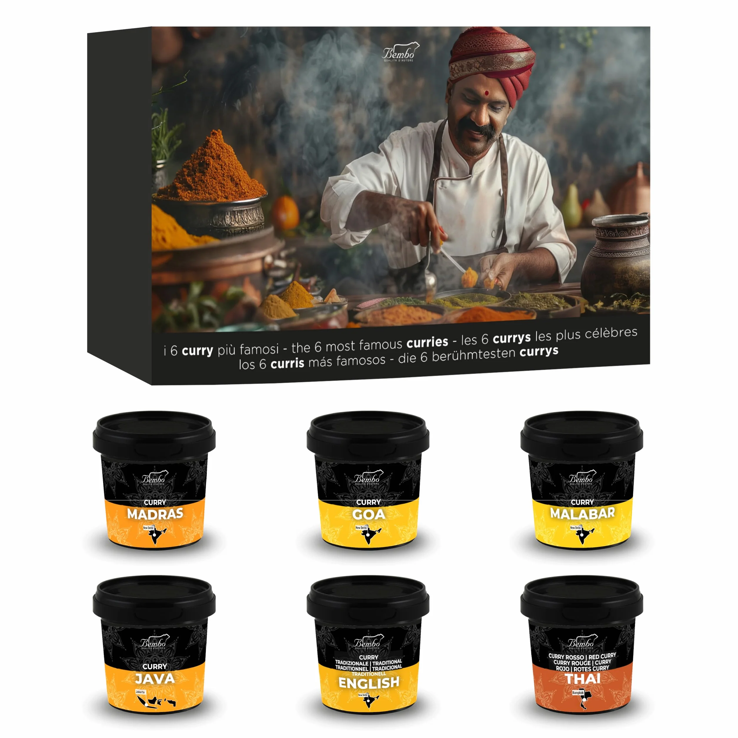Set 6 Curry del Mondo Bembo – Selezione di Curry Gourmet – Madras, Goa, Malabar, Java, Inglese, Thai Rosso – Idea Regalo Cucina