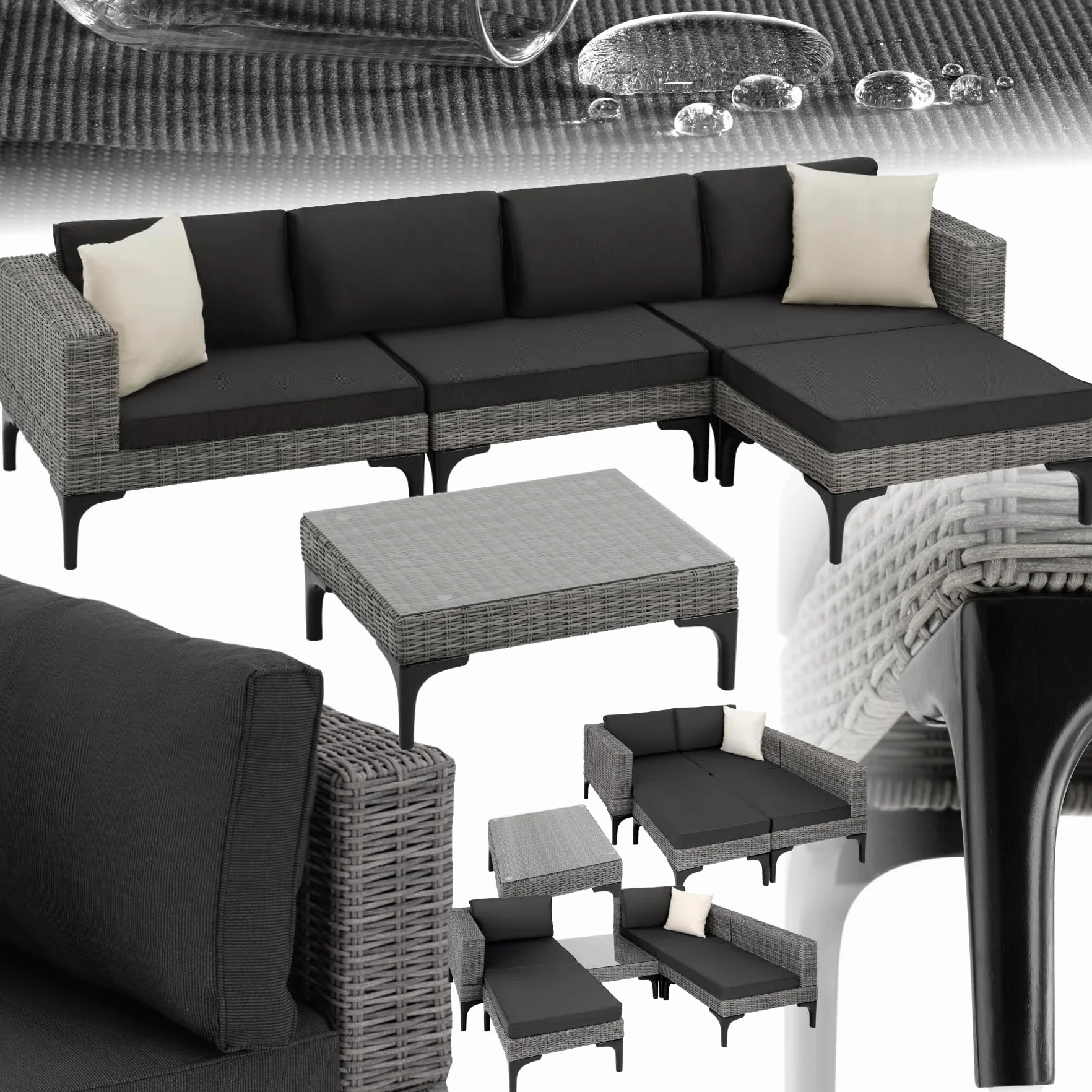 tectake® Salottino in Rattan Konstanza, Telaio in Alluminio, Resistente ai Raggi UV, Comode Poltrone, Imbottitura Spessa, Rivestimenti Idrorepellenti, Tavolino Salotto con Lastra in Vetro - Grigio