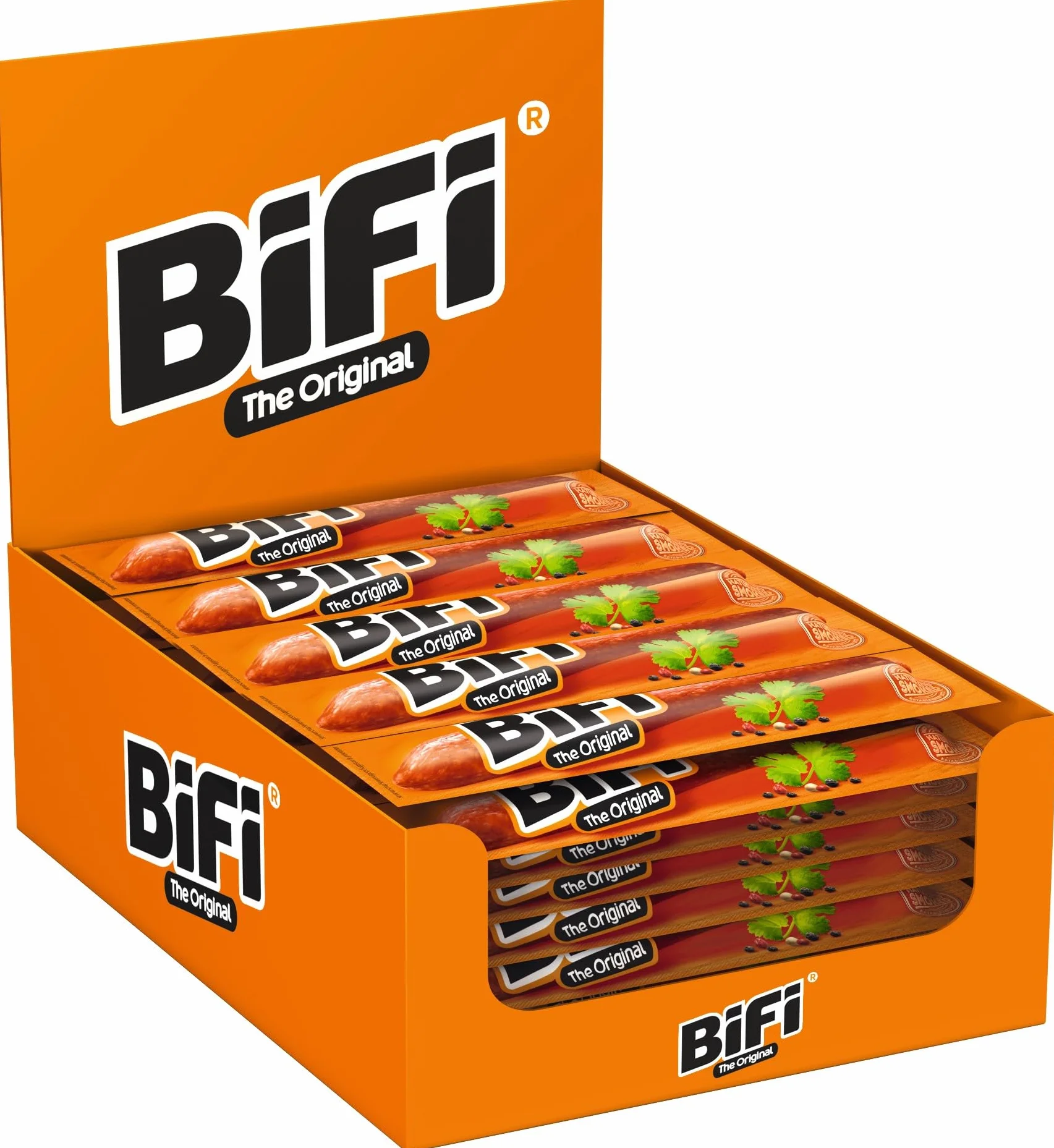 BiFi Original - Stick di salame, carne e salumi essiccati all'aria, con pepe, coriandolo e aglio, confezione in formato tascabile, ottimi da sgranocchiare, confezione da 40 pezzi, 40 x 20 g