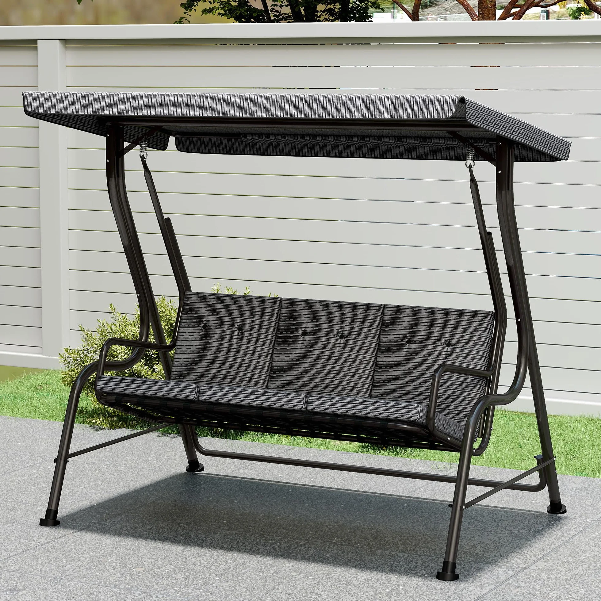 Outsunny Dondolo da Giardino per 3 Persone con Tettuccio Regolabile e Cuscini Imbottiti, 200x120x170cm, Nero