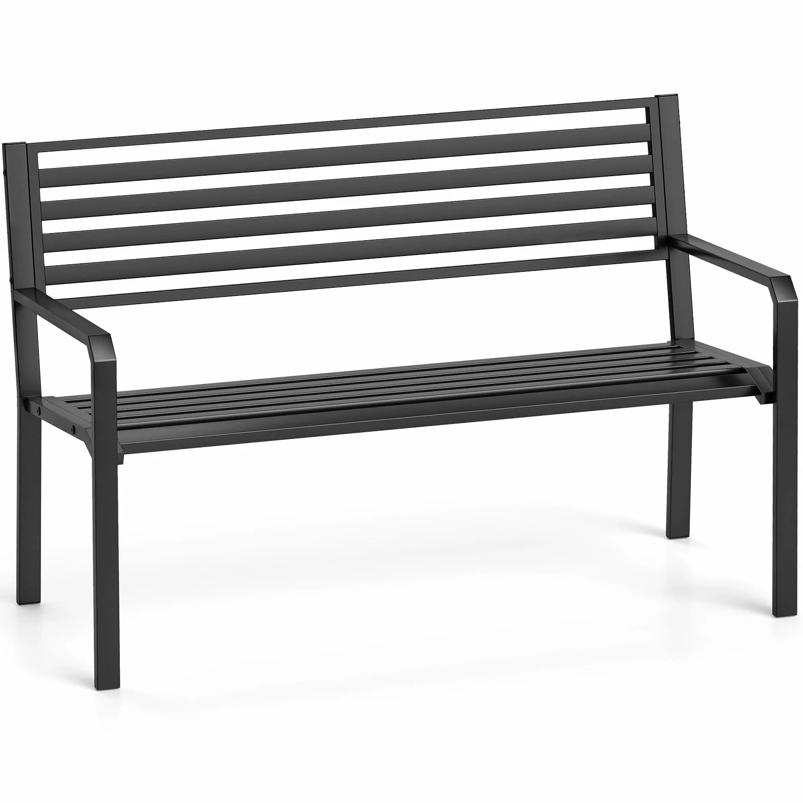 COSTWAY Panca da Giardino, Panchina da Esterno in Metallo con Schienale a Listelli e Braccioli, Sedia Robusta per Cortile, Piscina e Portico (Nero, 127 x 56 x 82 cm)