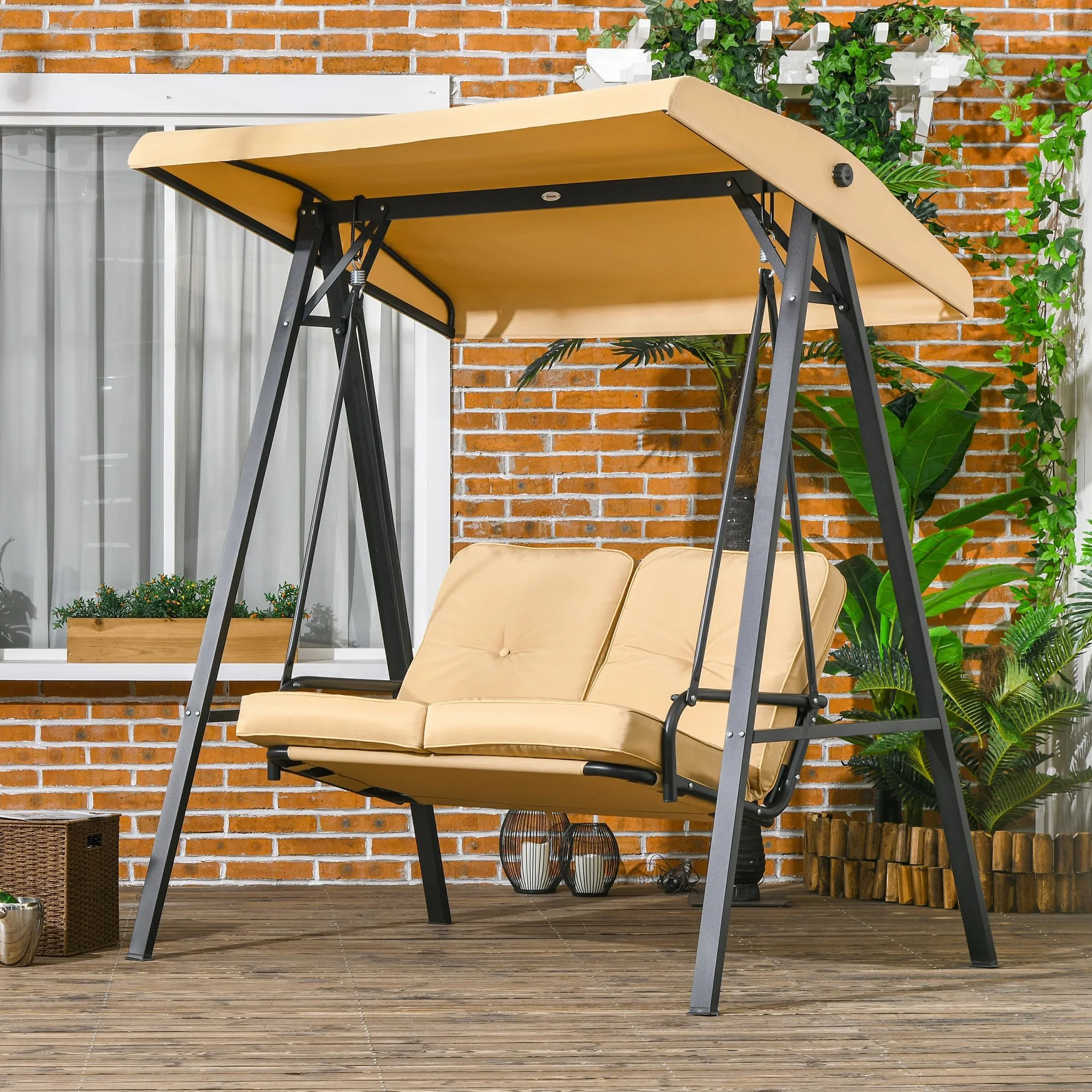 Outsunny Dondolo da Esterno con Tettuccio Regolabile e Cuscini, Dondolo 2 Posti in Acciaio e tessuto Teslin, 145x116x172 cm, Beige