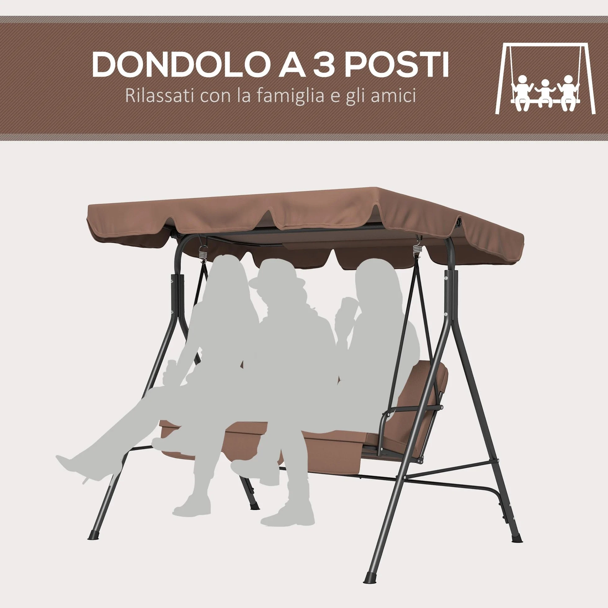 Outsunny Dondolo da Giardino 3 Posti con Tettuccio Parasole Regolabile, Dondolo da Esterno con Seduta Traspirante in Texteline e Metallo, Portata Fino a 240 kg, 172x110x153 cm, Marrone