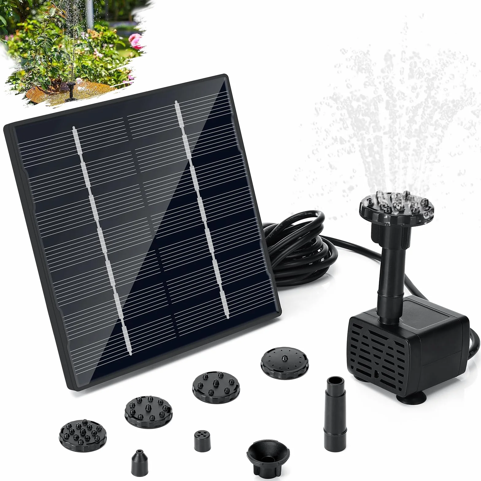 Sprifityy Pompa solare per fontane,Fontana Solare 1.5W,Pompa per Acqua Solare con Tubi da 3M,6 ugelli per colibri,per Giardino, Bagno per Uccelli,Contenitori per Pesci,stagno,piscina