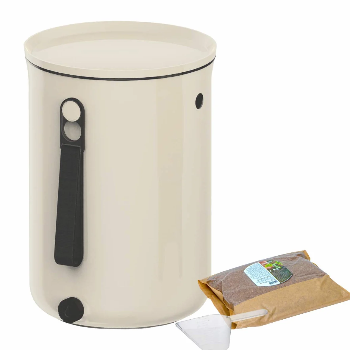 Skaza Bokashi Organko 2 (9.6 L) Compostiera per Cucina in plastica Riciclata | Starter Set con Miscela di fermentazione Bokashi Organko 1 kg (Crema-Bianco)