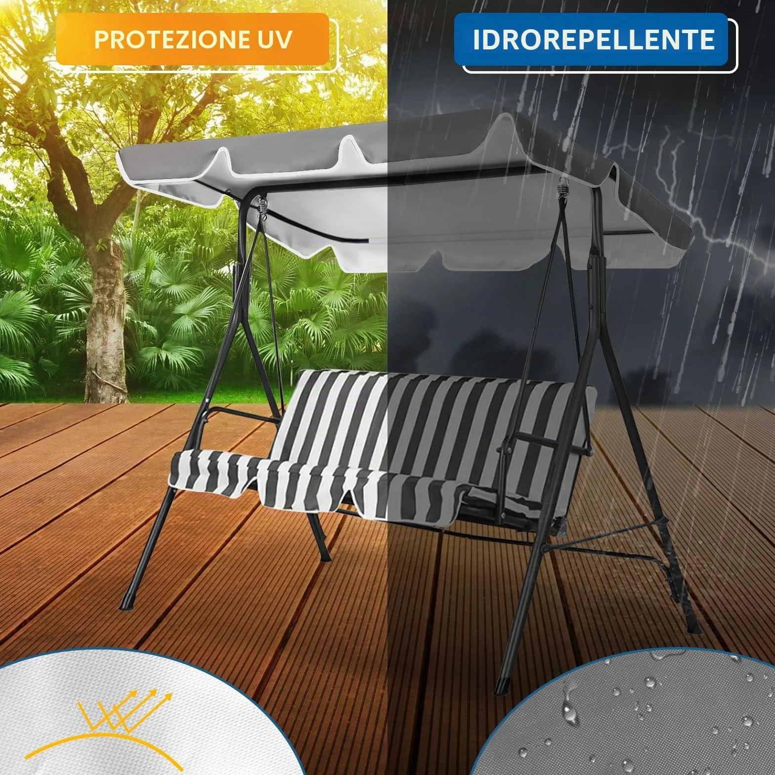 Tettuccio per Dondolo Tetto di Ricambio per Dondolo da Giardino, Copertura di Ricambio Dimensioni 2 e 3 Posti e Vari Colori, 210 x 145 cm (Grigio)