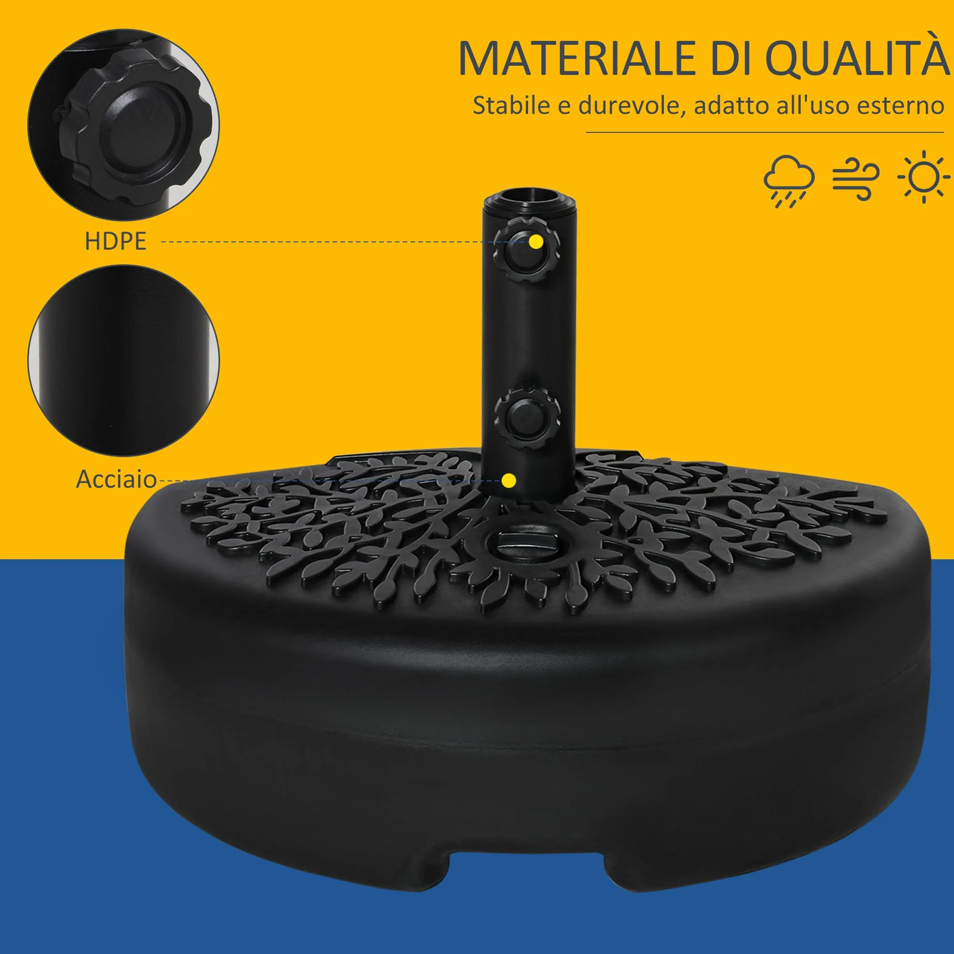 Outsunny Base per Ombrellone Semicircolare in Metallo, Base Ombrellone da Giardino a Parete per Pali 38-48mm, Riempibile con 21kg di Sabbia o 18kg di Acqua, Nero