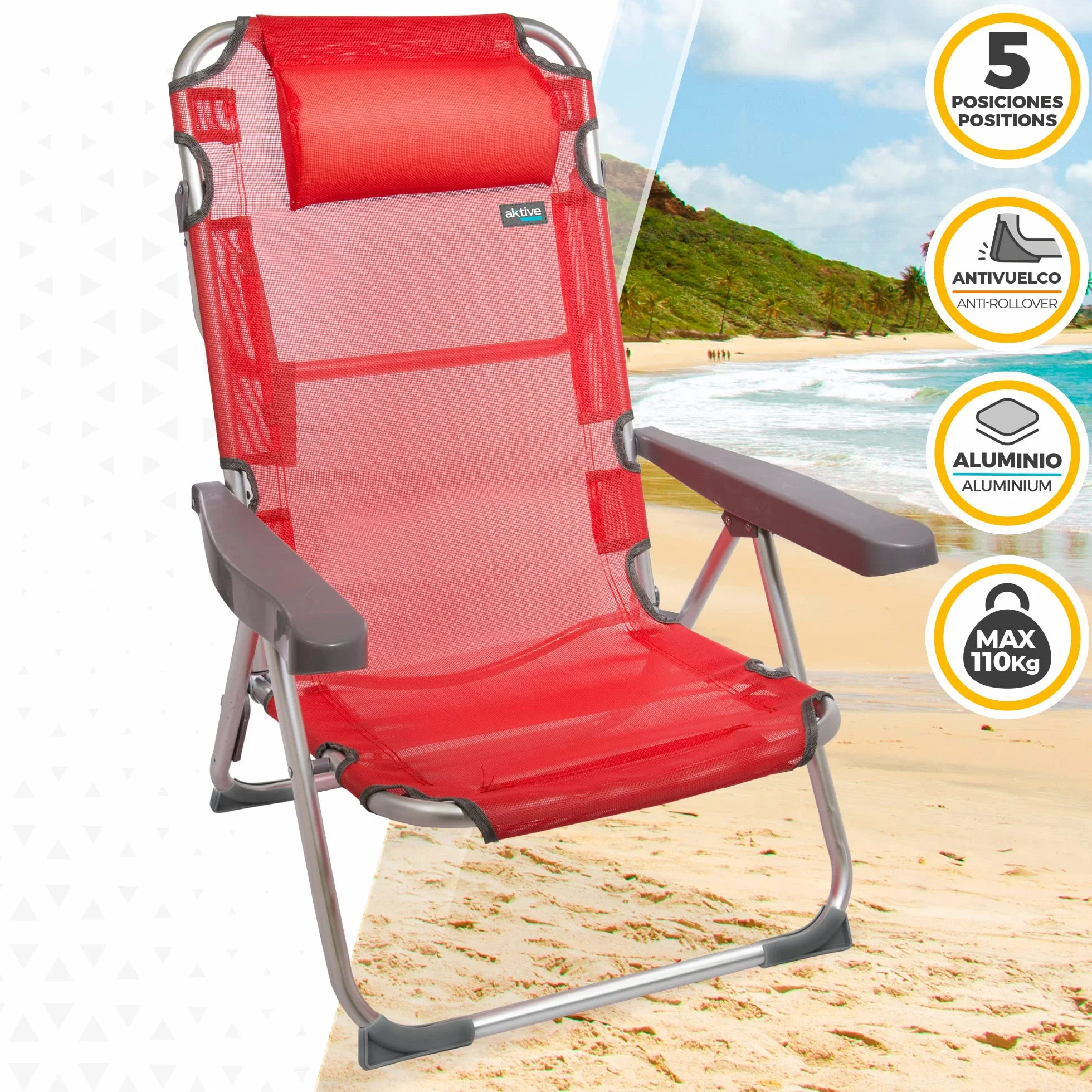 AKTIVE 62265 - Confezione da 2 sedie alte pieghevoli con cuscino per spiaggia, giardino, terrazza o campeggio | Misure 48x60x90cm | Braccioli resistenti ed ergonomici