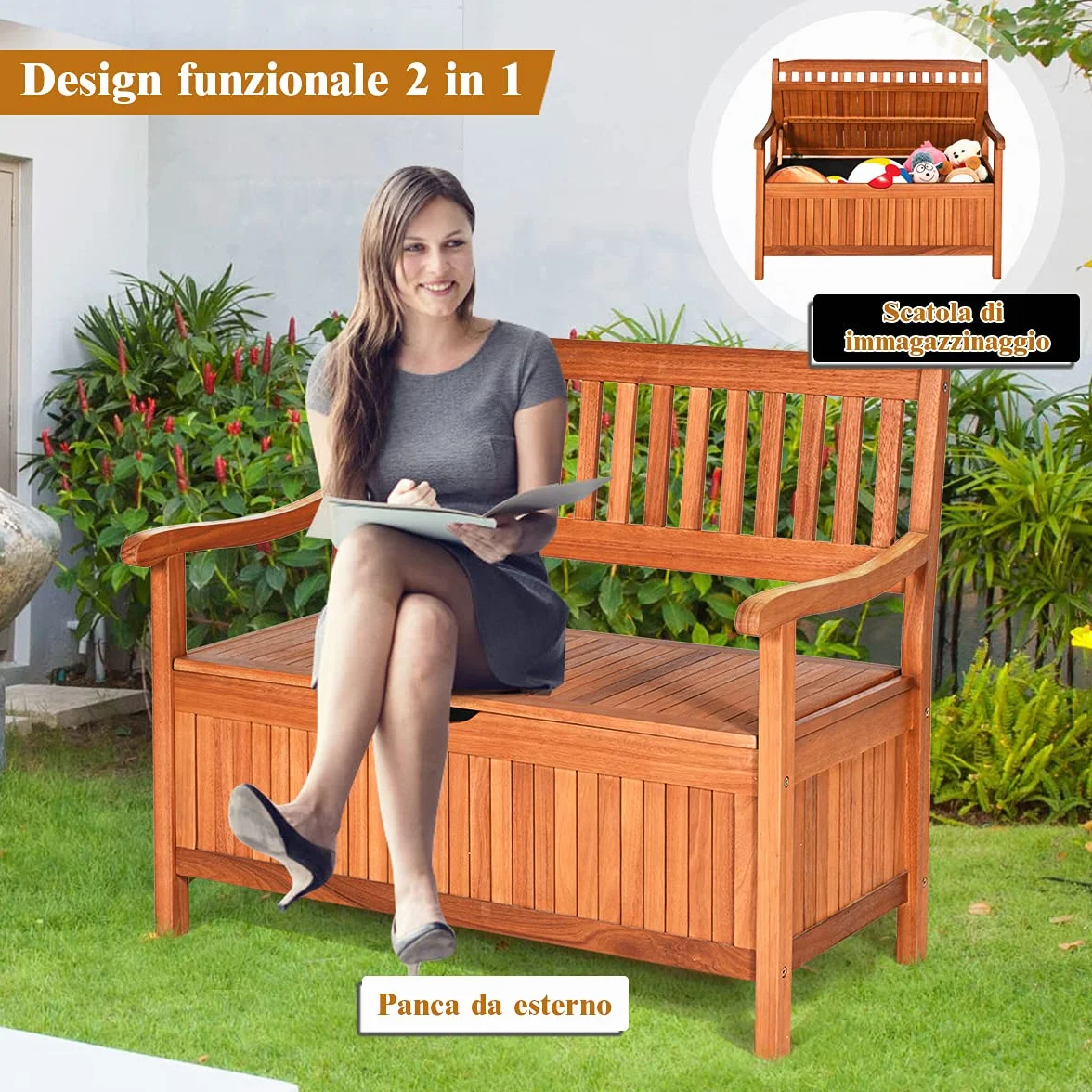 COSTWAY Panchina da Giardino con Contenitore di Legno, Cassapanca da Esterno 2 Posti con Strato Interno Impermeabile, per Cortile e Ingresso, Portata 360 kg, 107 x 59 x 90 cm (Modello 2)