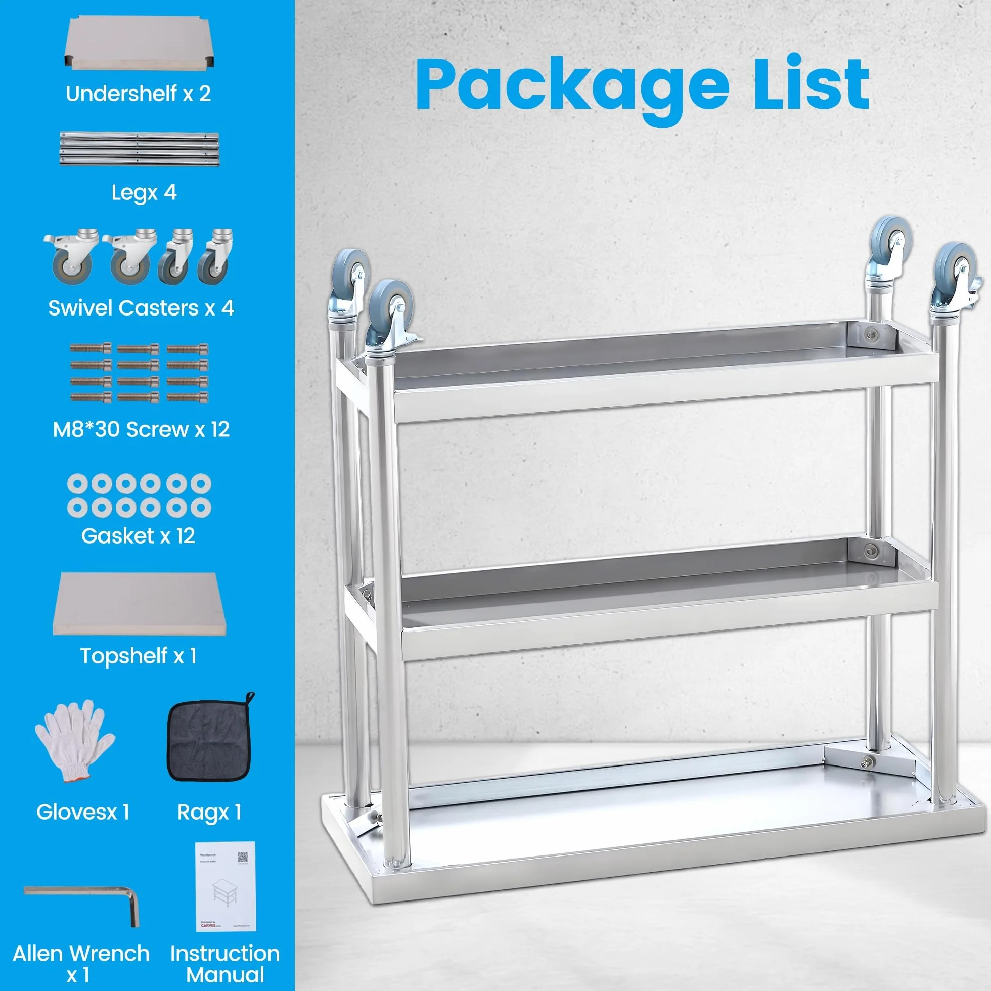 Tavolino Laterale Esterno Acciaio Inossidabile 3 Ripiani – Banco Lavoro Patio Commerciale Resistente Alla Ruggine, Facile Pulire Giardino, Cucina, Ristorante, Garage – Con Ruote, Dimensioni