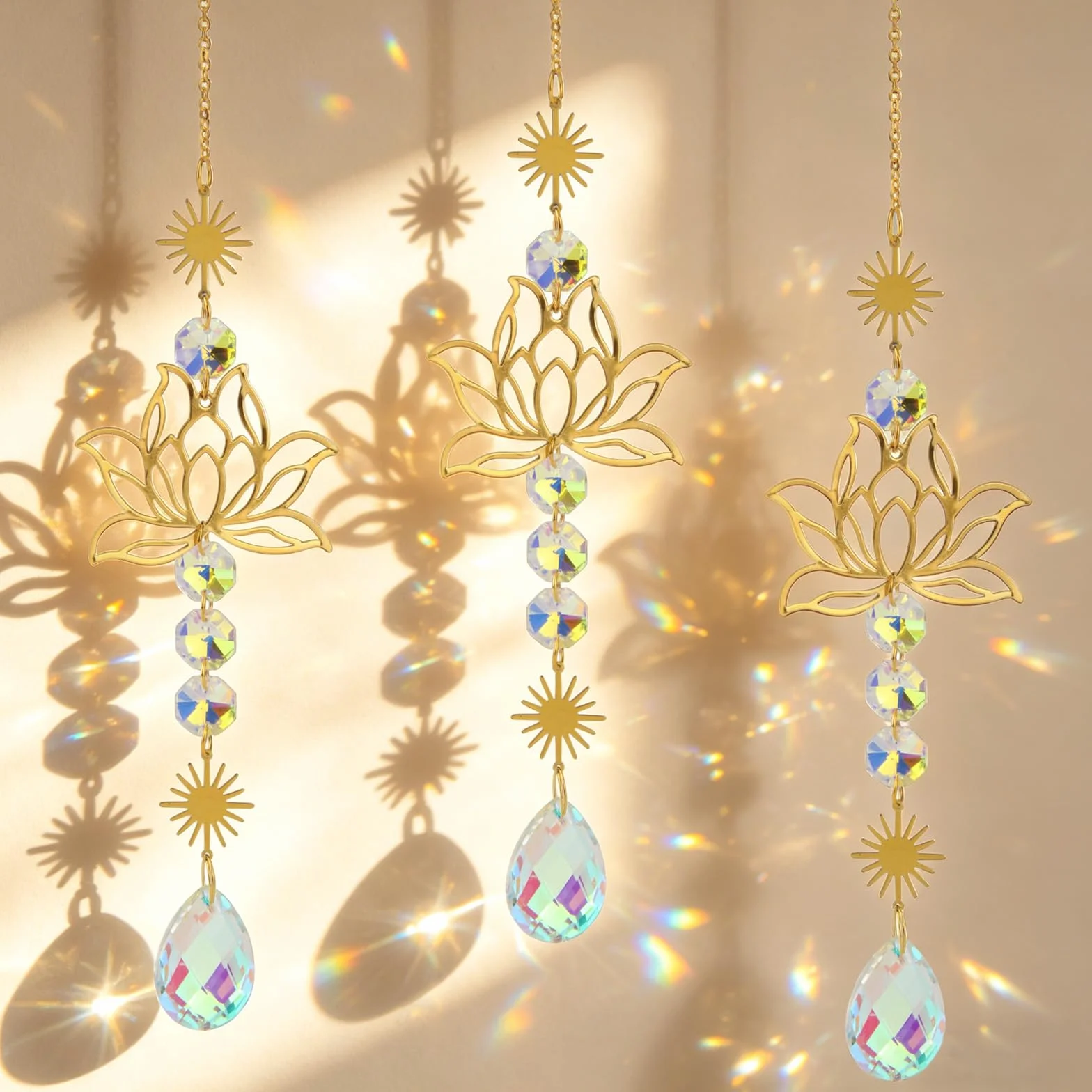 3 Pezzi Acchiappasole Cristallo Acchiappa Sole Fiore di Loto Acchiappasole da Appendere Pendenti Prismi Cristallo Sun Catcher Adatto per la Casa il Balcone I'ufficio e il Giardino
