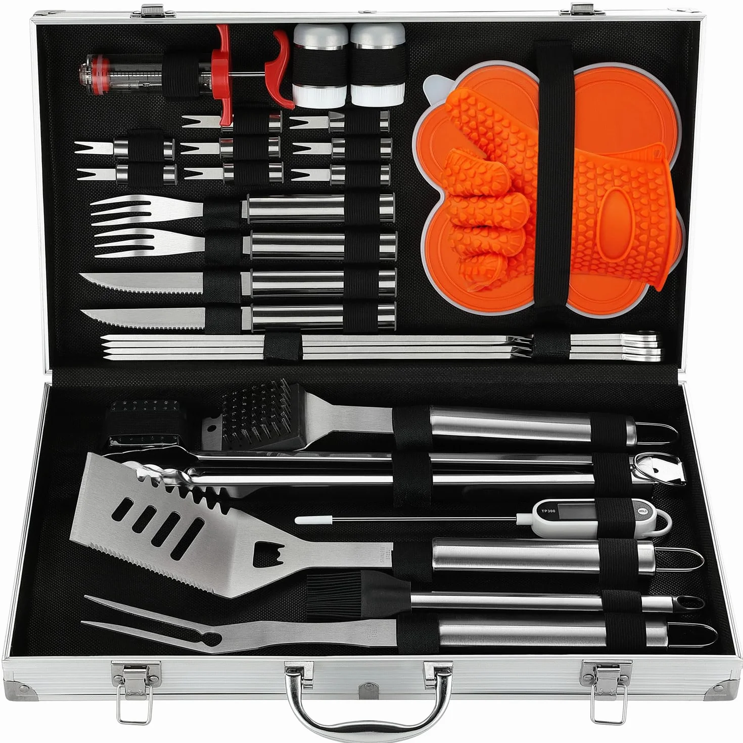N NOBLE FAMILY 30Pcs Set Accessori Barbecue in Acciaio Inox di Alta Qualità - Attrezzi Barbecue Professionali - Set Barbecue Vari e Completi - Kit Barbecue All'Aperto per Uomini Donne