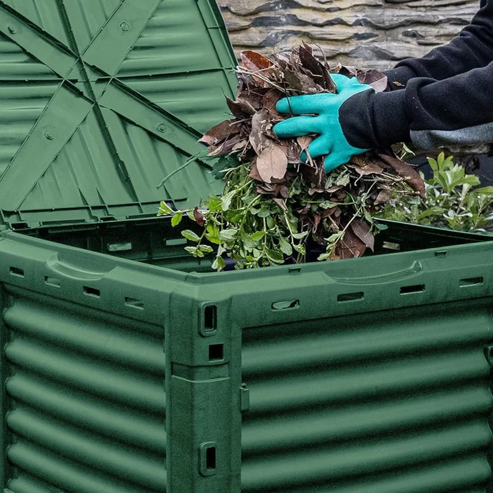 Paluplus Compostiera da Giardino 300 Litri Plastica Verde 61x61x83 cm Resistente Intemperie Coperchio Ribaltabile