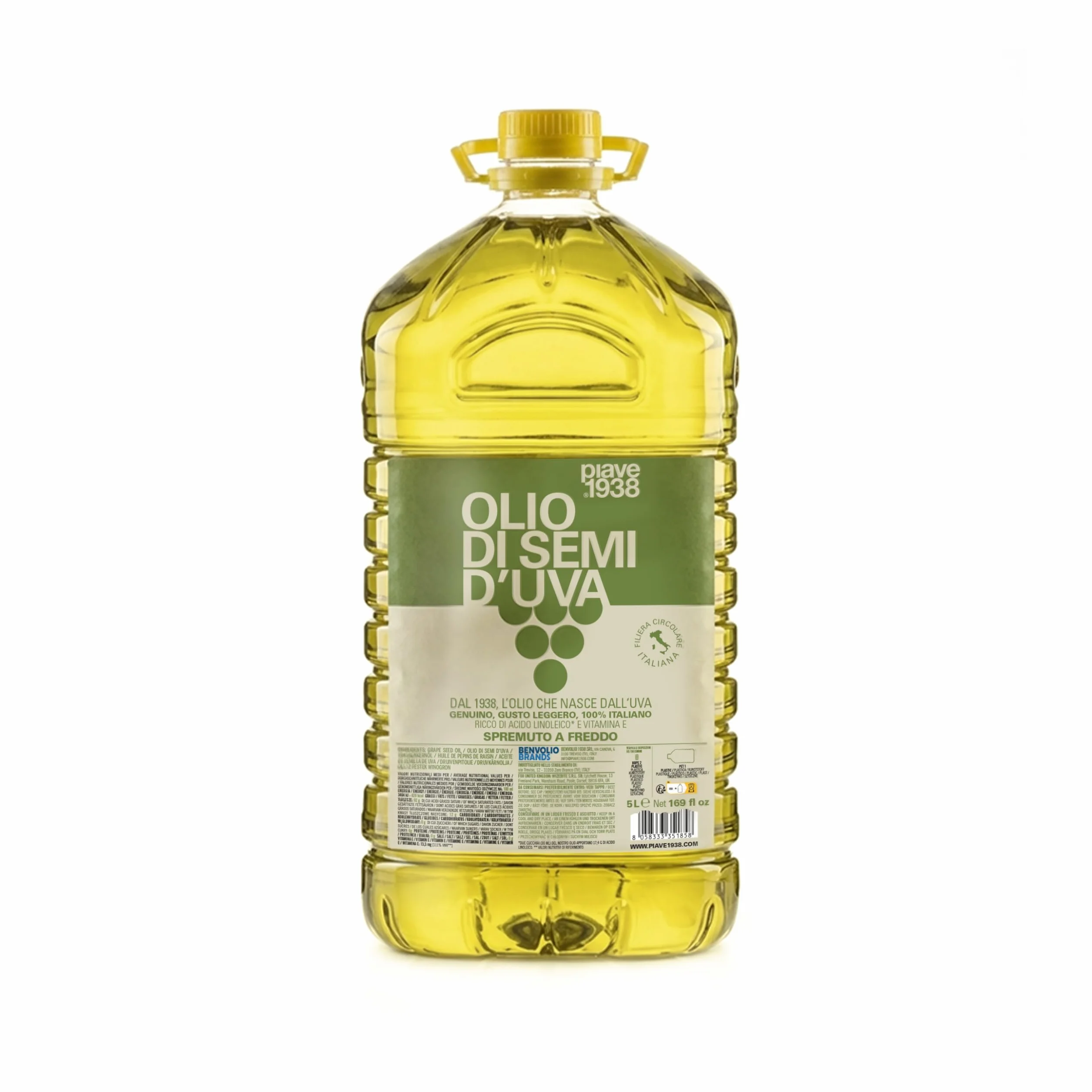 PIAVE 1938 Olio di Vinacciolo 5L Professionale - Per Ristorazione (Fritture, Dolci, Maionese) e Centri Massaggi - Alto Punto di Fumo 245°C, Olio di Semi d'Uva Puro Neutro Grape Seed Oil