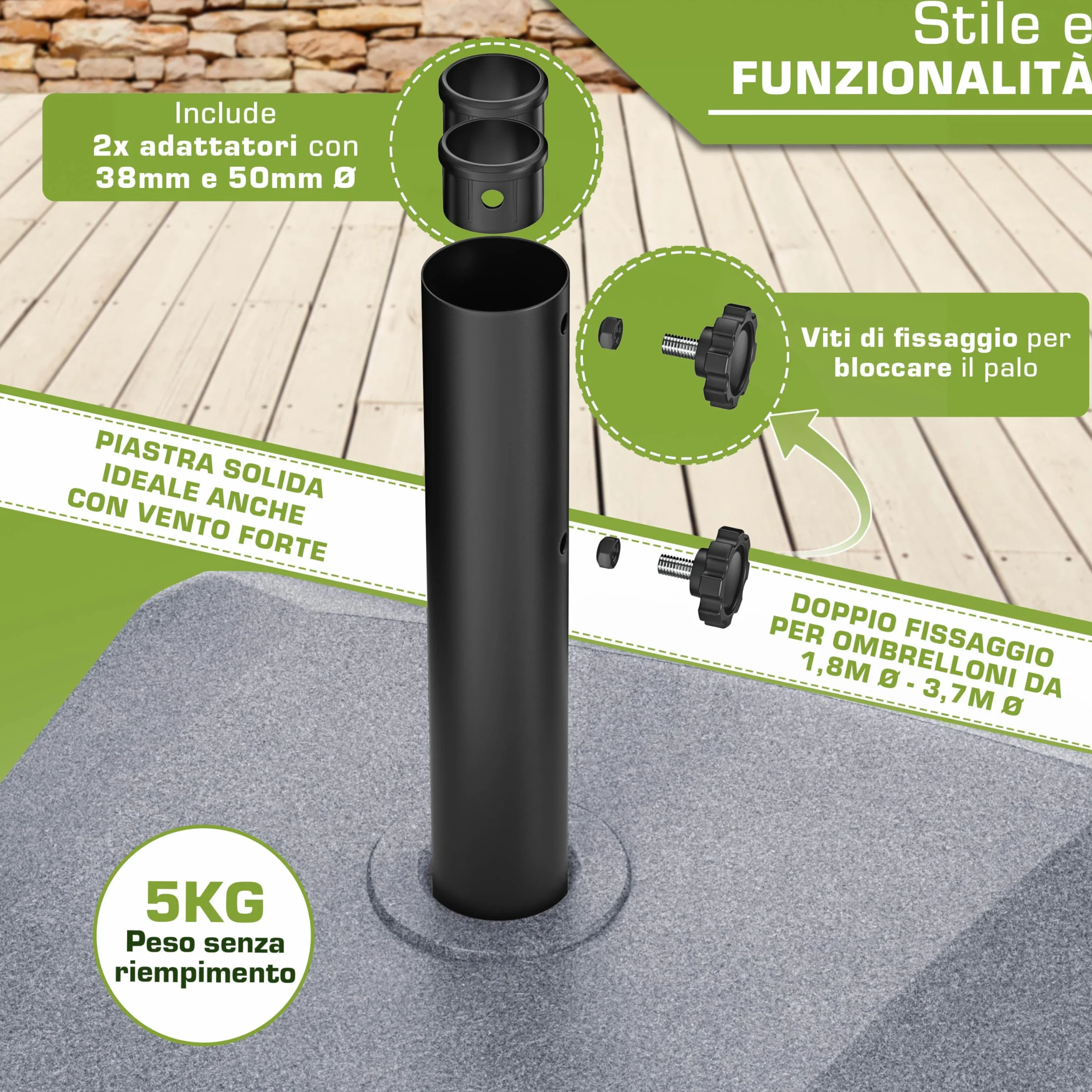 tillvex® Base per ombrellone GRAVIA e Ruote e Freni | Zavorra ombrellone riempibile 37L/56kg | Piedistallo per ombrelloni Giardino e Mercato Ø1,8-3,7m | Resistente a intemperie e UV (Effetto Granito)