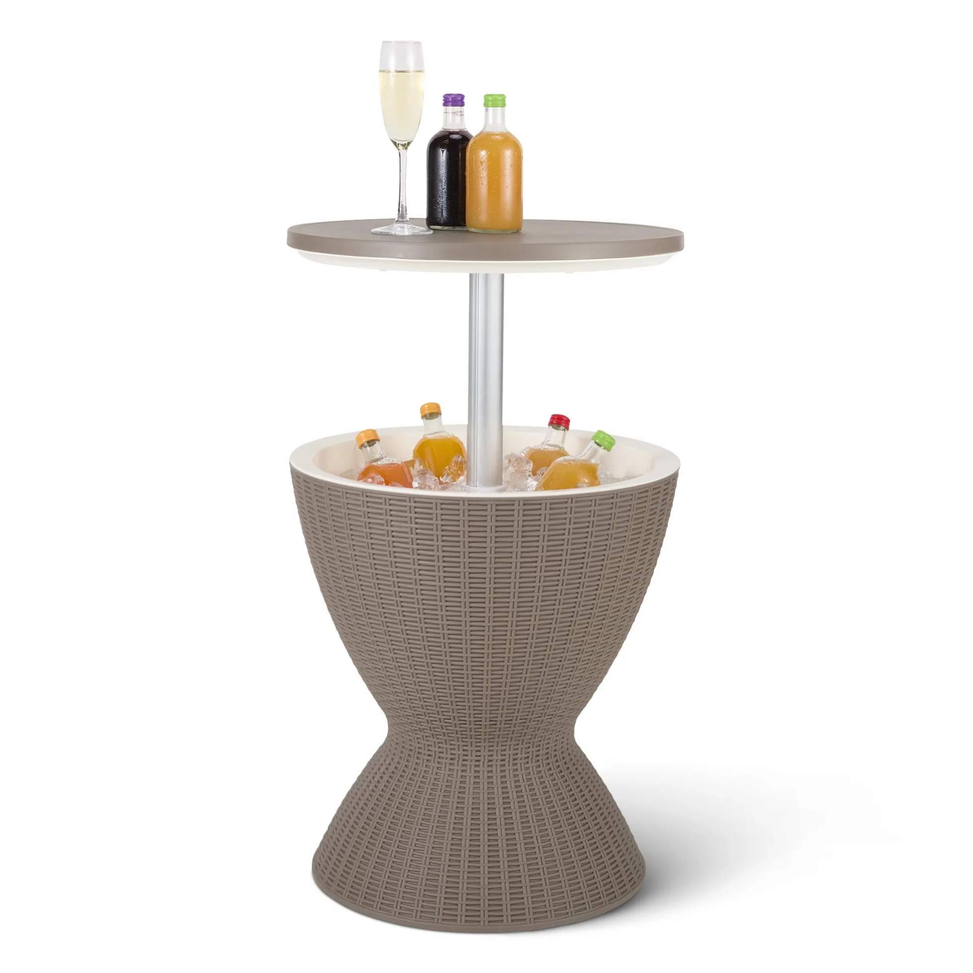 Amazon Basics - Tavolo Bar da Esterno con Contenitore Refrigerante da 30 Litri, Stile Intrecciato Rattan, 48cm x 48cm x 57-82cm H, Marrone