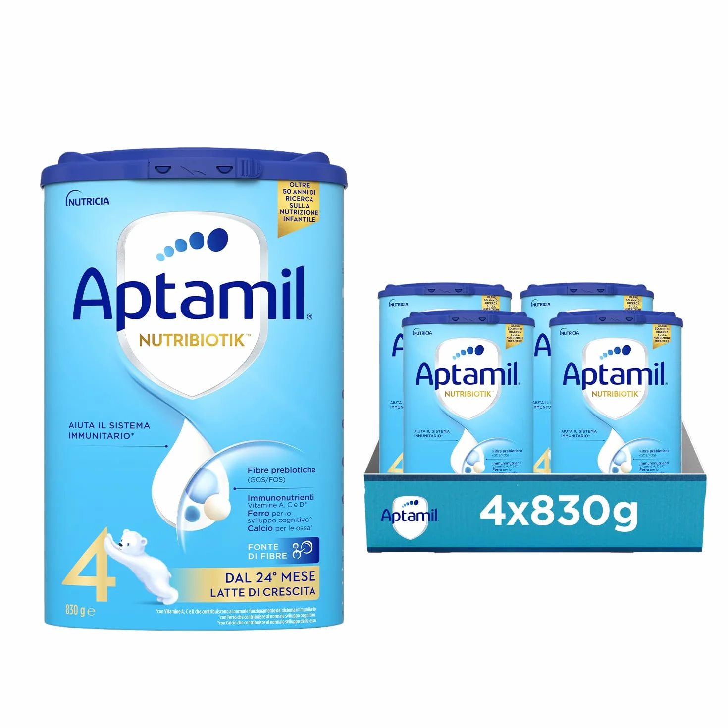 APTAMIL Nutribiotik 4 - Latte di Crescita in Polvere per Bambini dai 24 mesi - Formato Convenienza da 3320 grammi (4 confezioni da 830g)