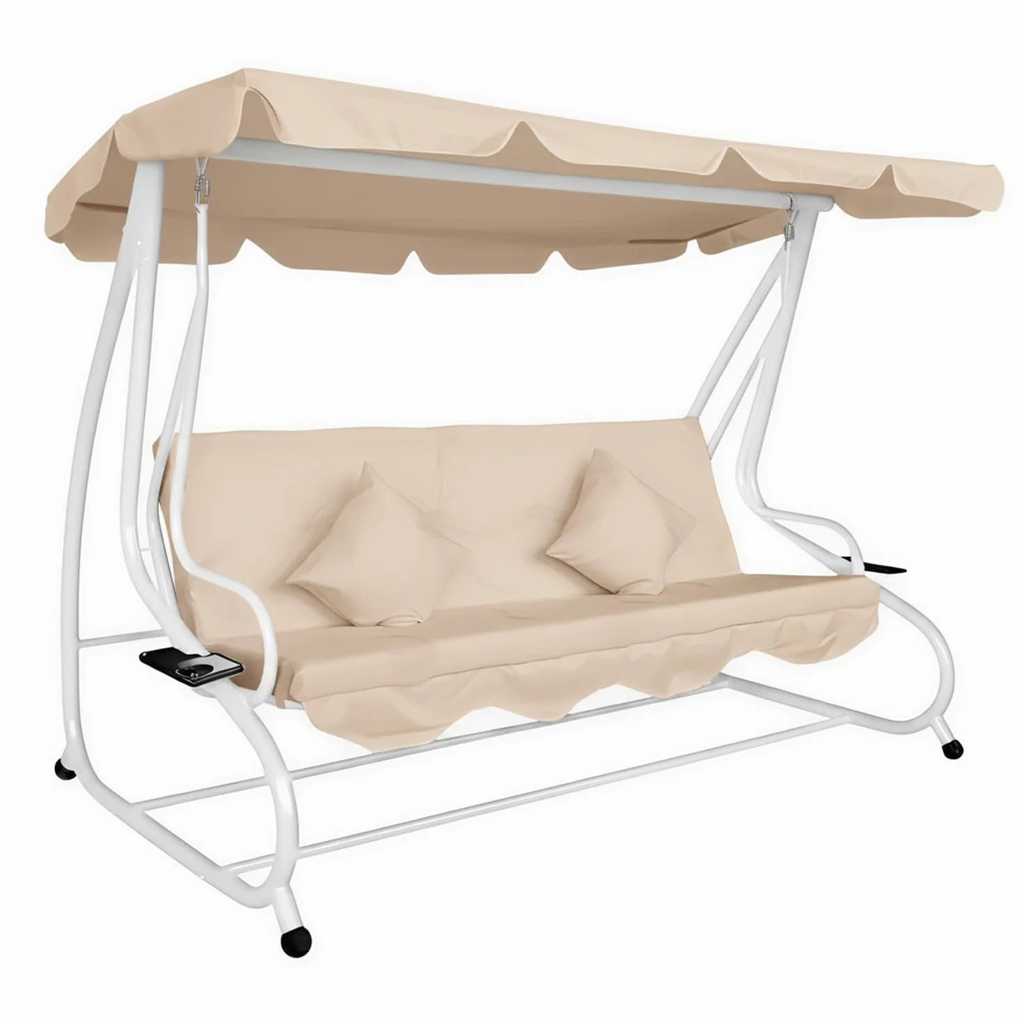 Marvin Dondolo Letto da Giardino 4 Posti Harmony con Tetto Parasole Struttura in Acciaio e Cuscino Imbottito 10 cm Altalena da Esterno Terrazzo (Bianco/Ecrù)