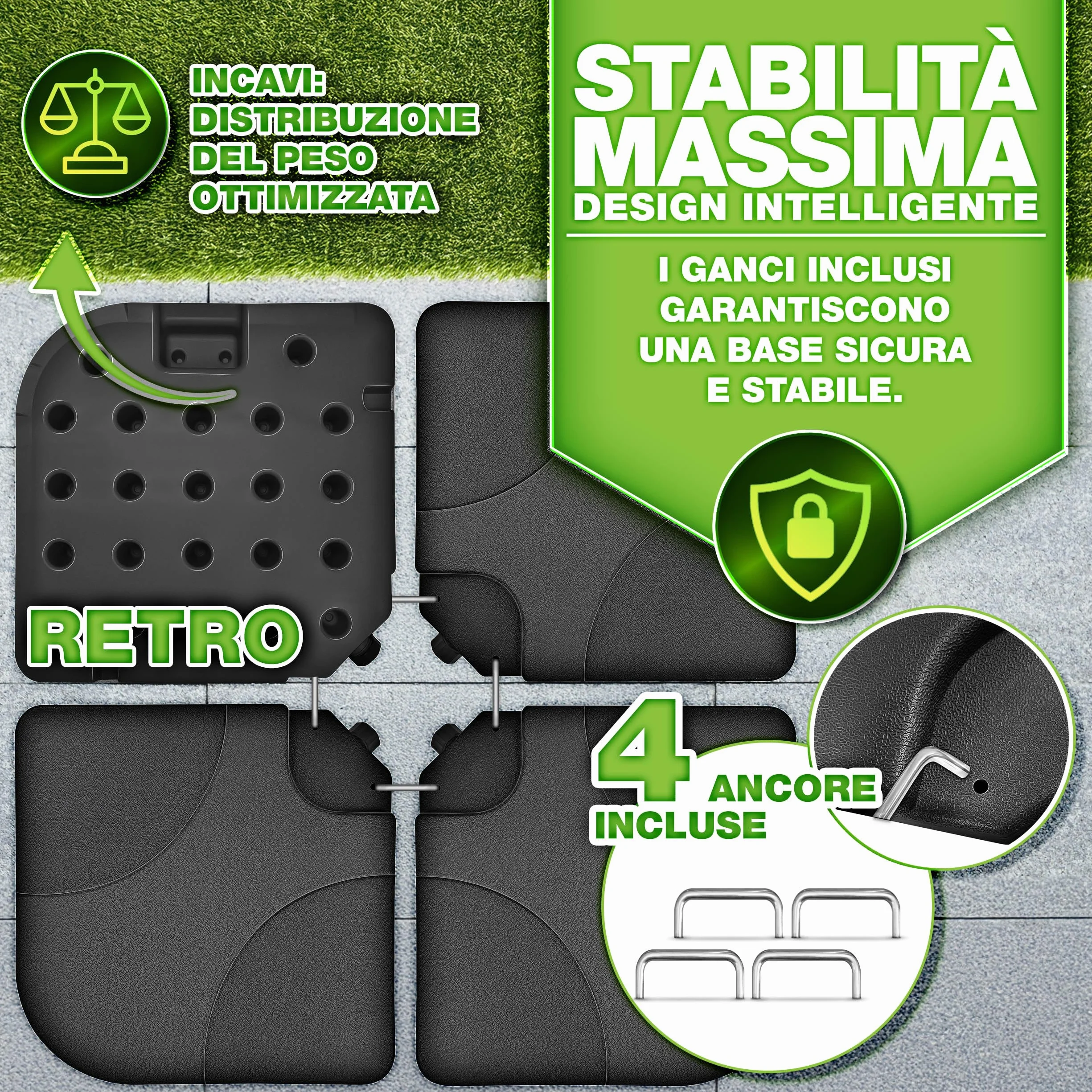tillvex® Base per Ombrellone 60 Litri / 80 kg – 4 Pezzi per Ombrellone Decentrato con Connettore Metallico | Porta Ombrelloni Riempibile con Acqua o Sabbia | Supporto Ombrellone (Nero)