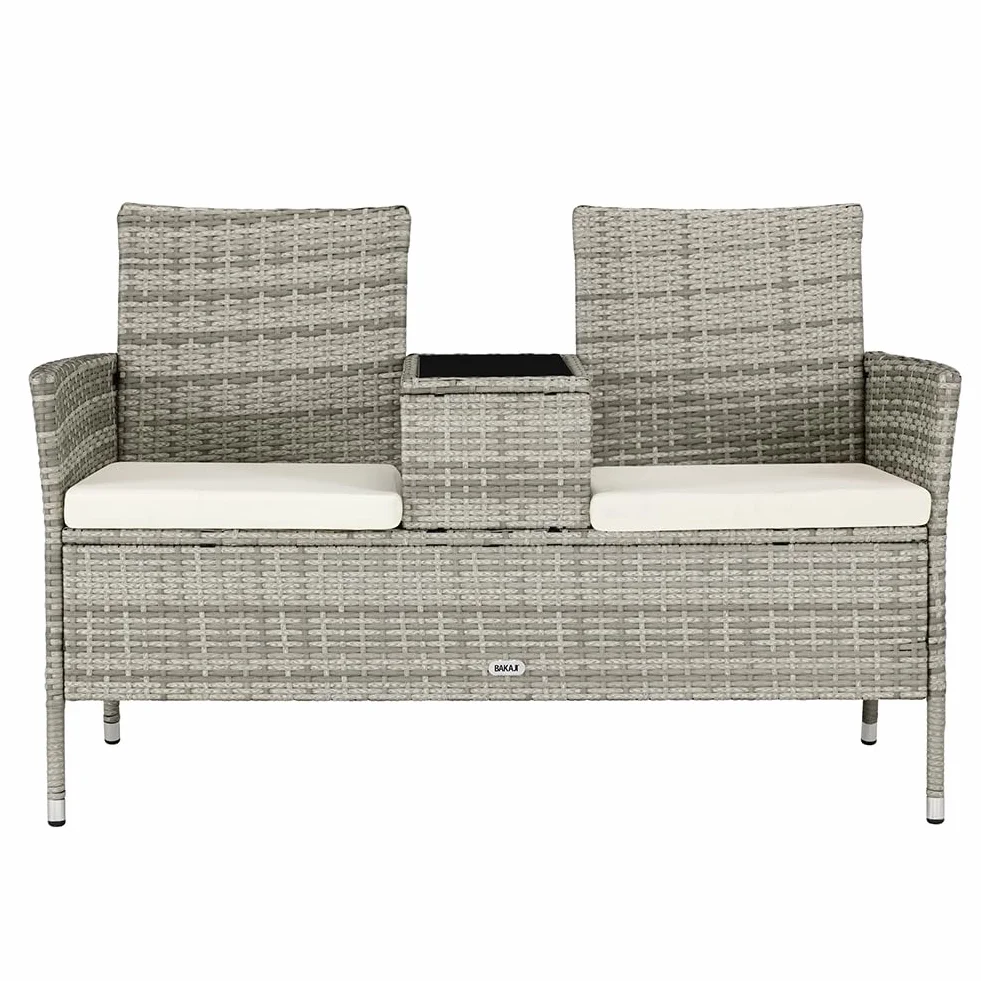 BAKAJI Panchina da Giardino in Polyrattan con Tavolo Integrato e Cuscini, Panchina 2 Posti da Esterno Resistente Ai Raggi UV e alle Intemperie, Panca Divano Ripiano Vetro 123 x 54 x 82.5 cm (Grigio)