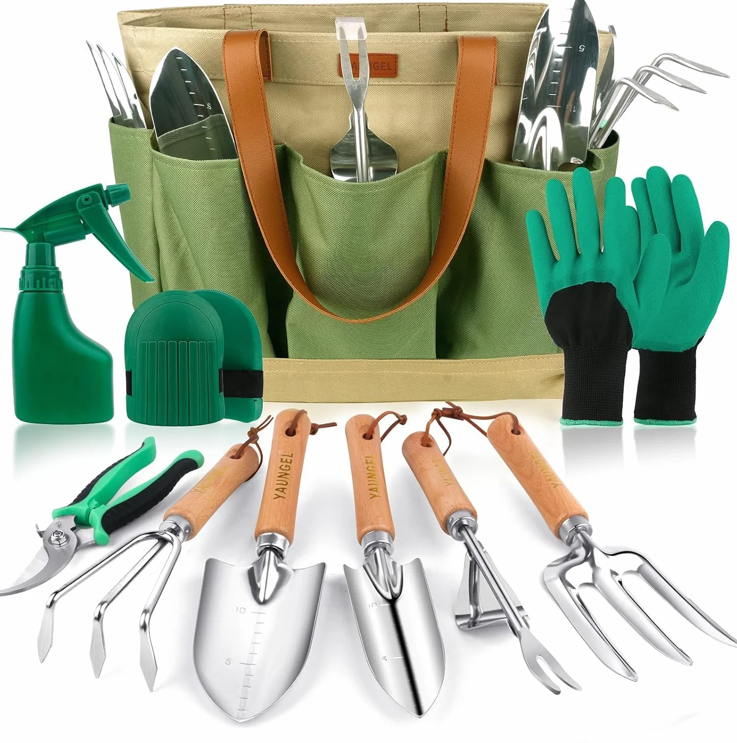 YAUNGEL Set di attrezzi da giardinaggio, 10 pezzi in acciaio inossidabile ad uso intensivo con manico in legno antiscivolo, strumenti da giardinaggio per donne e uomini, Verde