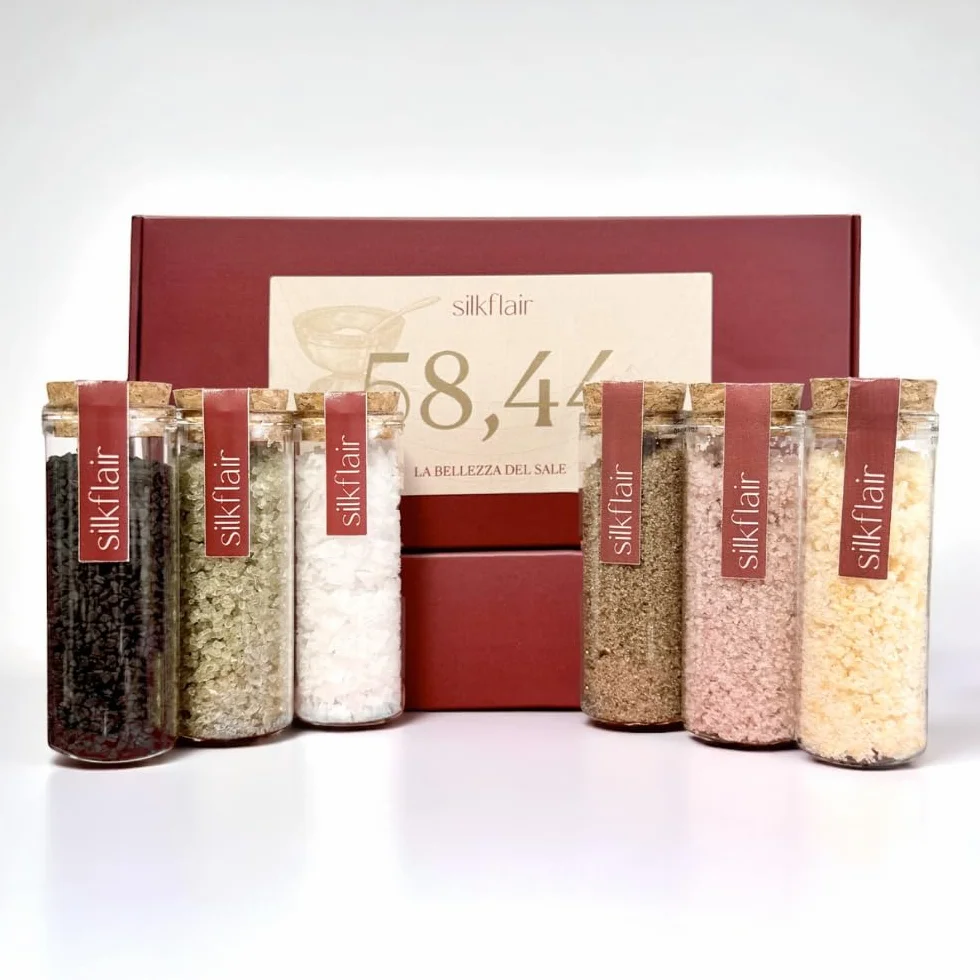 Silkflair - Set regalo 6 sali pregiati "58,44, La bellezza del sale” | Special Edition gourmet con sali decorativi e aromatici (nero e verde Hawaii, piramidale, affumicato ciliegio, Syrah, aglio)