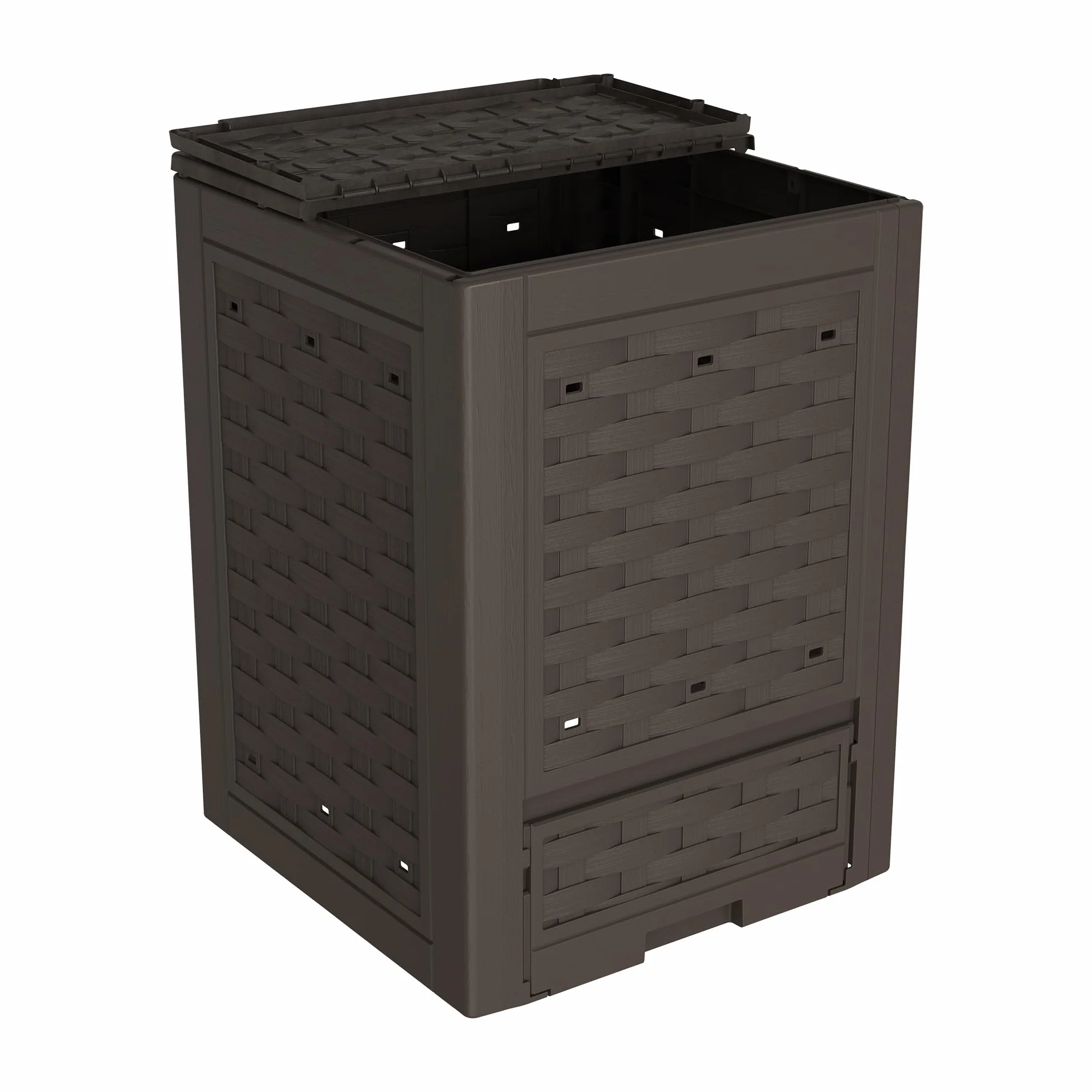 TOOMAX Composter Rattan marrone da giardino 300L 60x60x83h cm contenitore compostaggio plastica riciclata resistente UV coperchio sportello aerazione