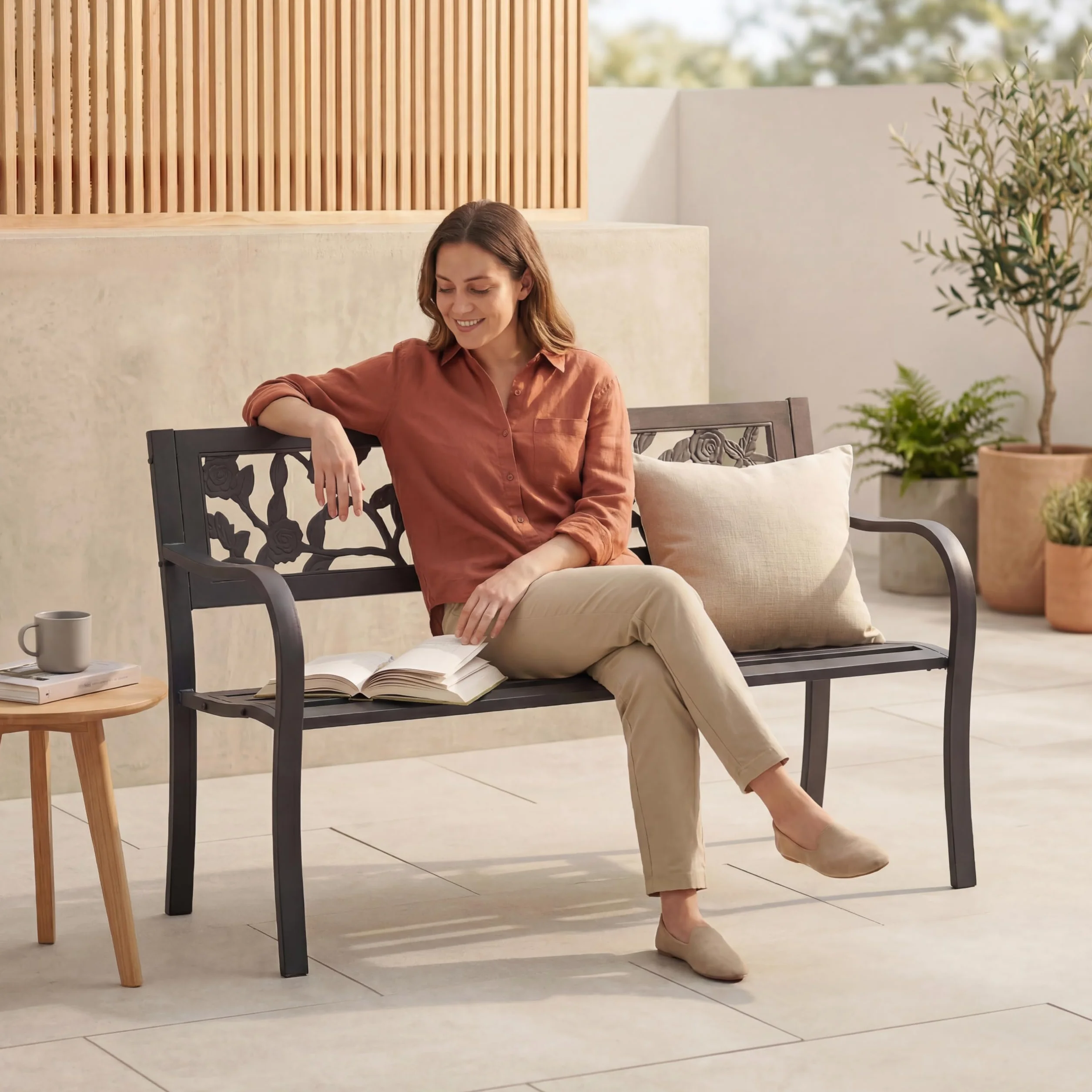 Garden Vida Panca da Giardino in Acciaio, Design a Forma di Rosa, 3 posti, mobili da Esterni, per Parco, Patio, Colore Nero