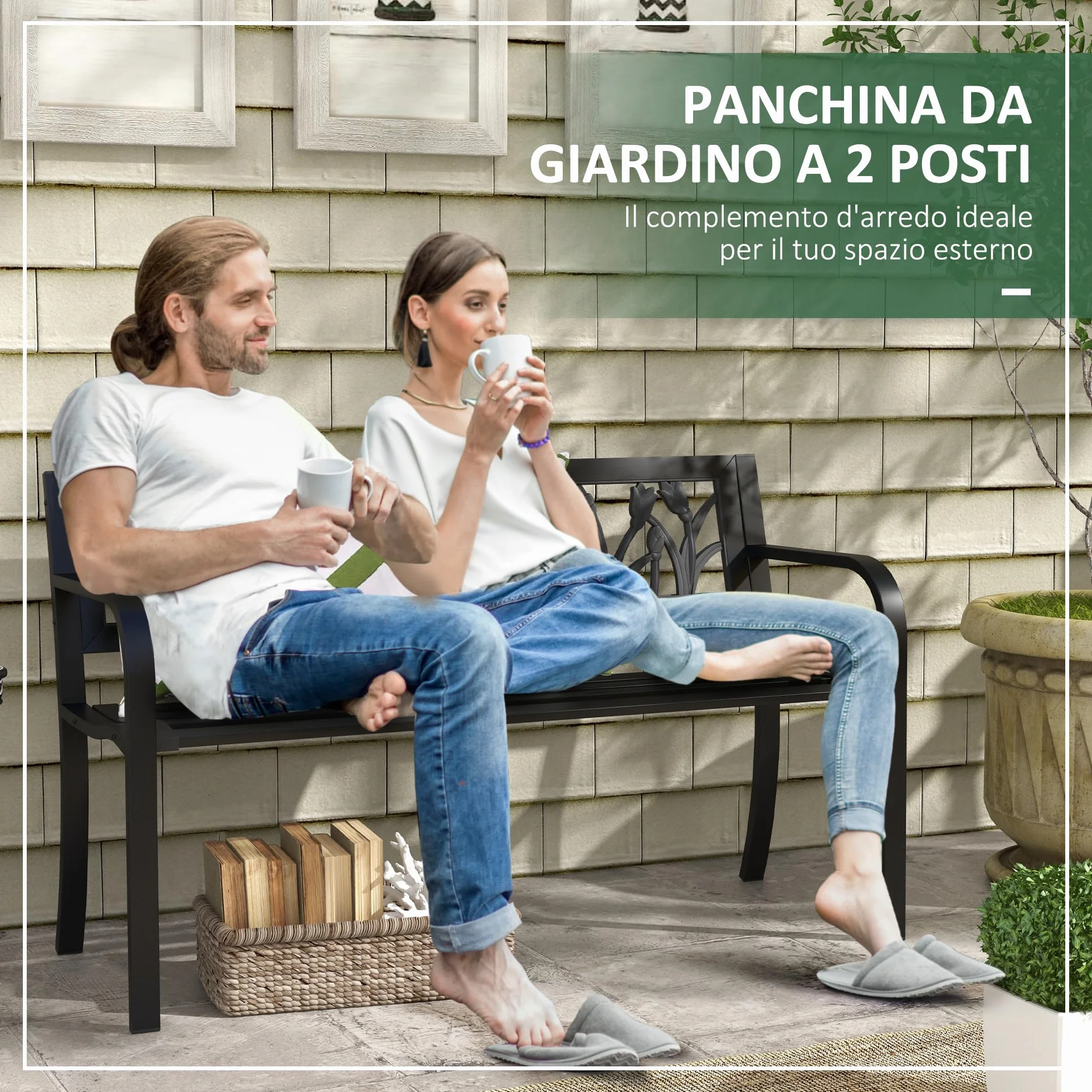 Outsunny Panchina da Esterno in Acciaio, Panchina da Giardino 2 Posti con Schienale Decorato e Braccioli, 125x50x75cm, Nero