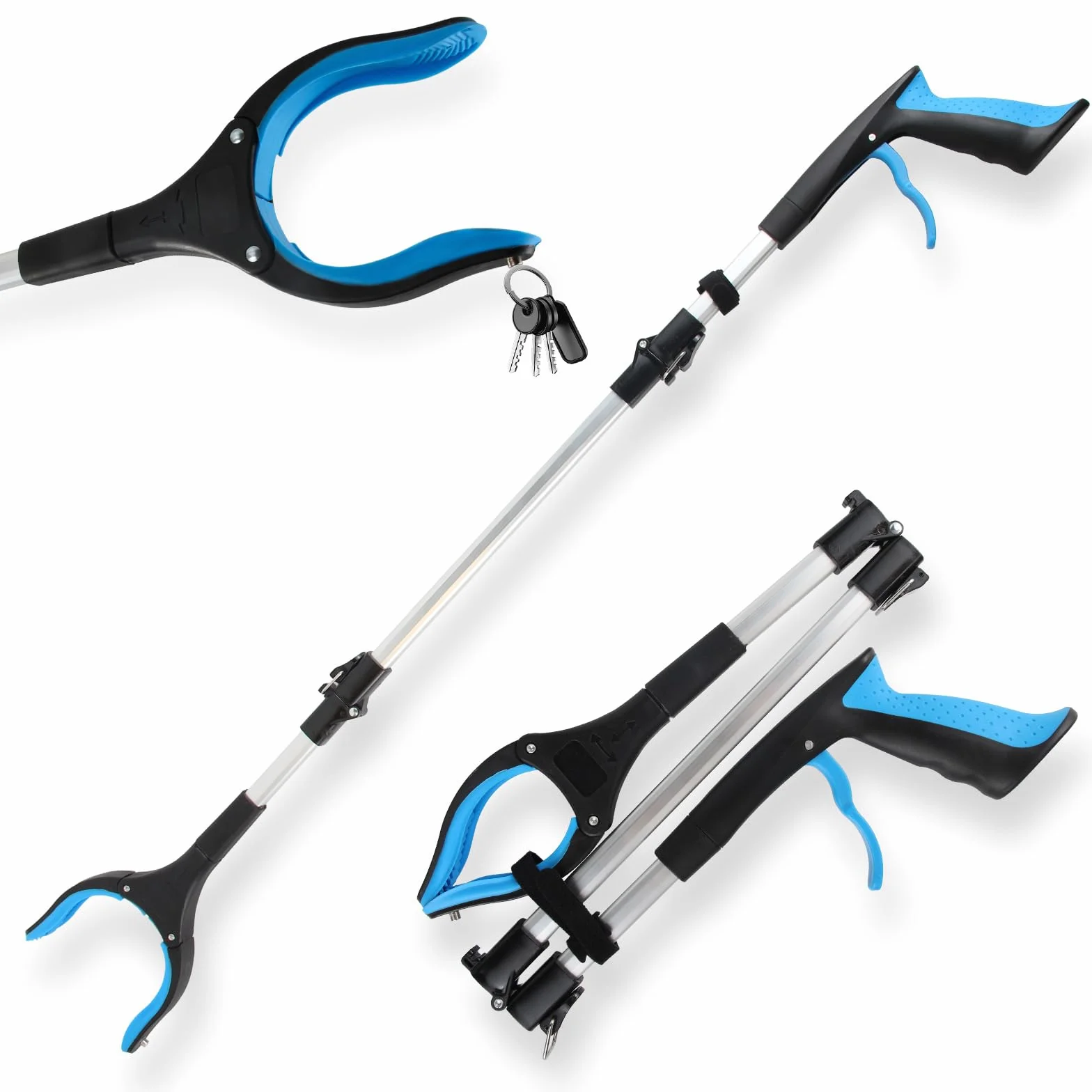 91cm Pinza telescopica, Strumento per la Raccolta di Rifiuti Pieghevole in Alluminio con Punta Magnetica, Morsetto in Gomma e Testa Rotante 360°, Presa Robusta (Blu)