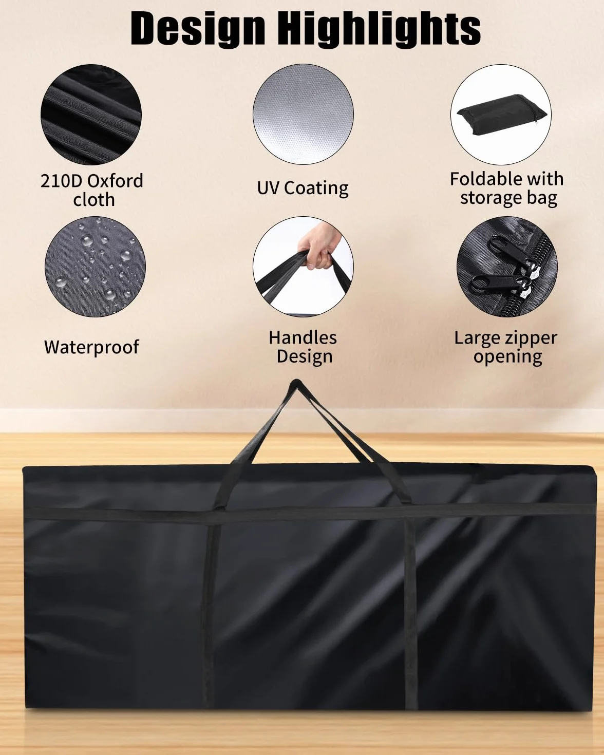 Custodia protettiva per cuscini da giardino, impermeabile, resistente ai raggi UV, resistente agli strappi, in tessuto Oxford (nero, 130 x 32 x 55 cm)