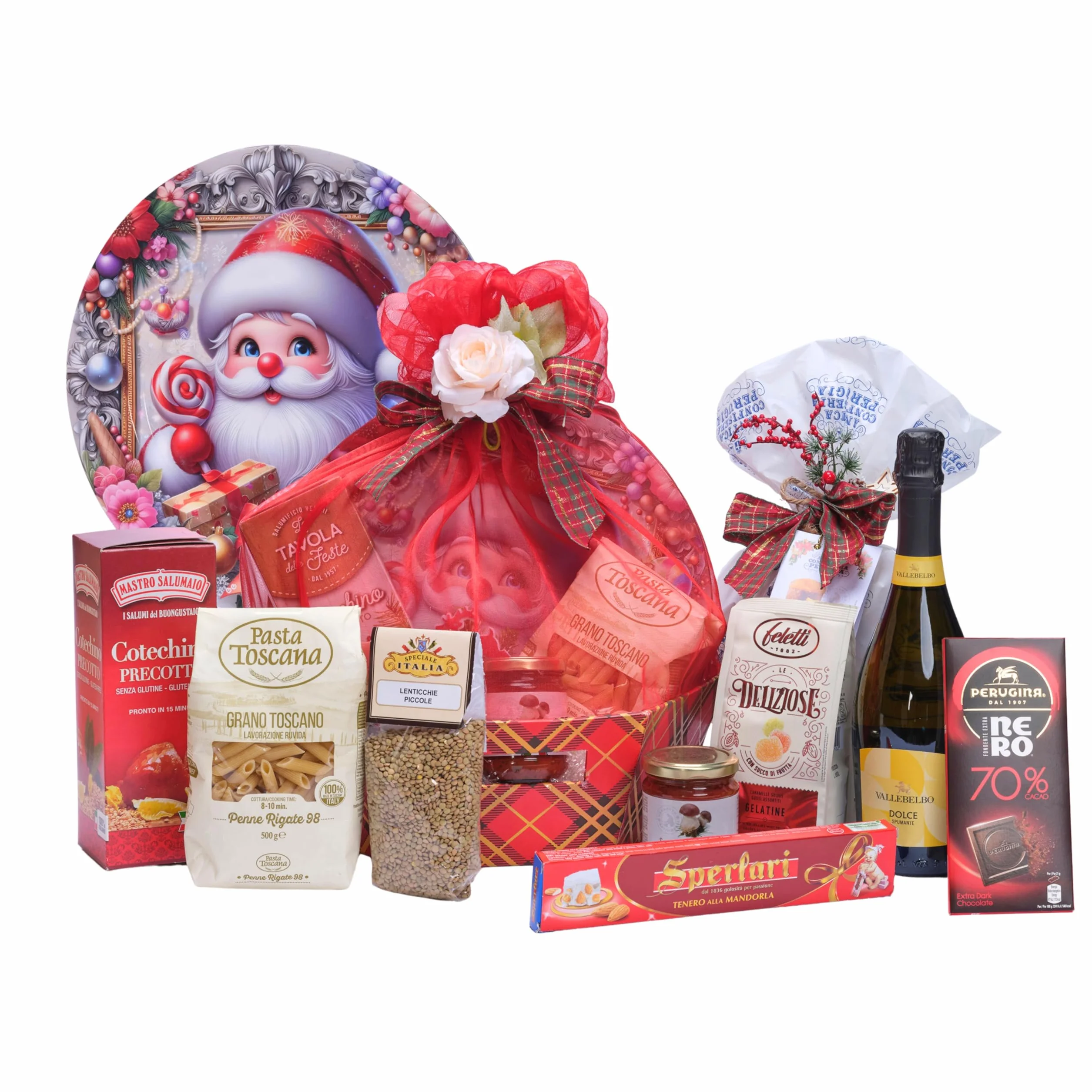 Cesti Natalizi Speciale Italia – Cesto Natalizio Gastronomico Tulle, Confezione Regalo Natale con Panettone da 500g, Prodotti Gastronomici e Dolciari, 10 pezzi
