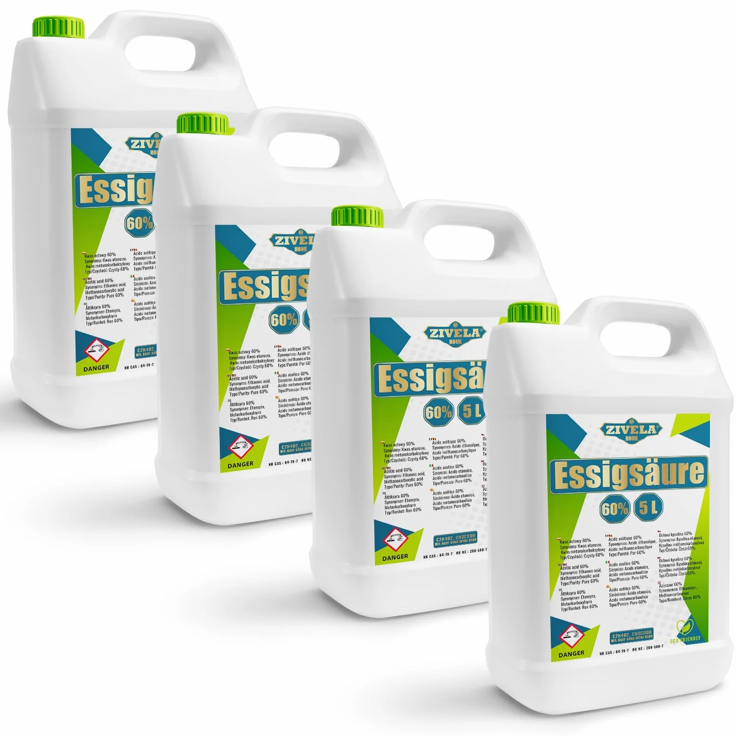 Acido acetico da 20 l, 60% di alta qualità, essenza di aceto, 4 x 5 l, 60%, qualità alimentare, 20 kg, aceto di alta purezza per applicazioni versatili, perfetto per uso domestico, industriale,